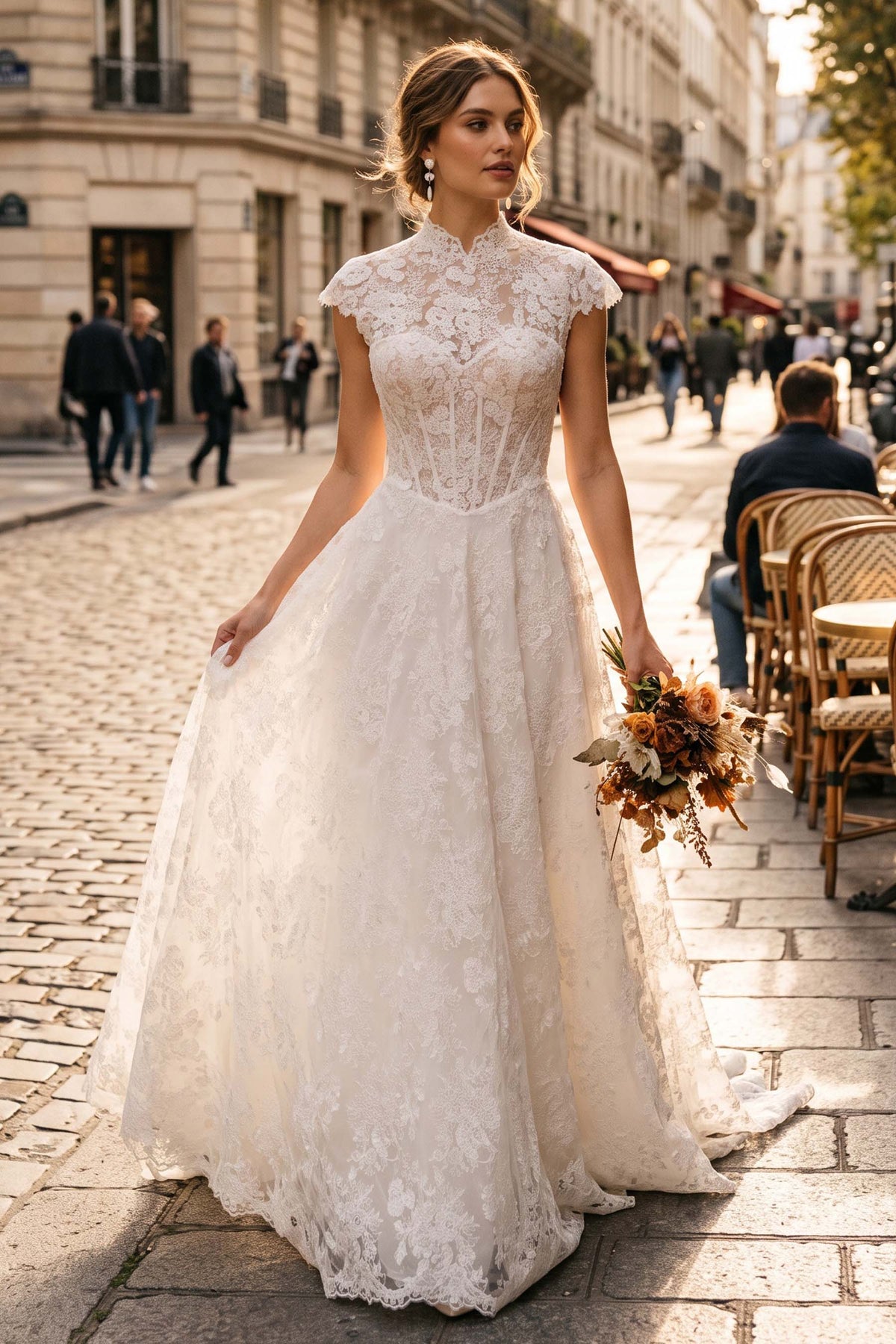 cap sleeve basque waist lace wedding dress