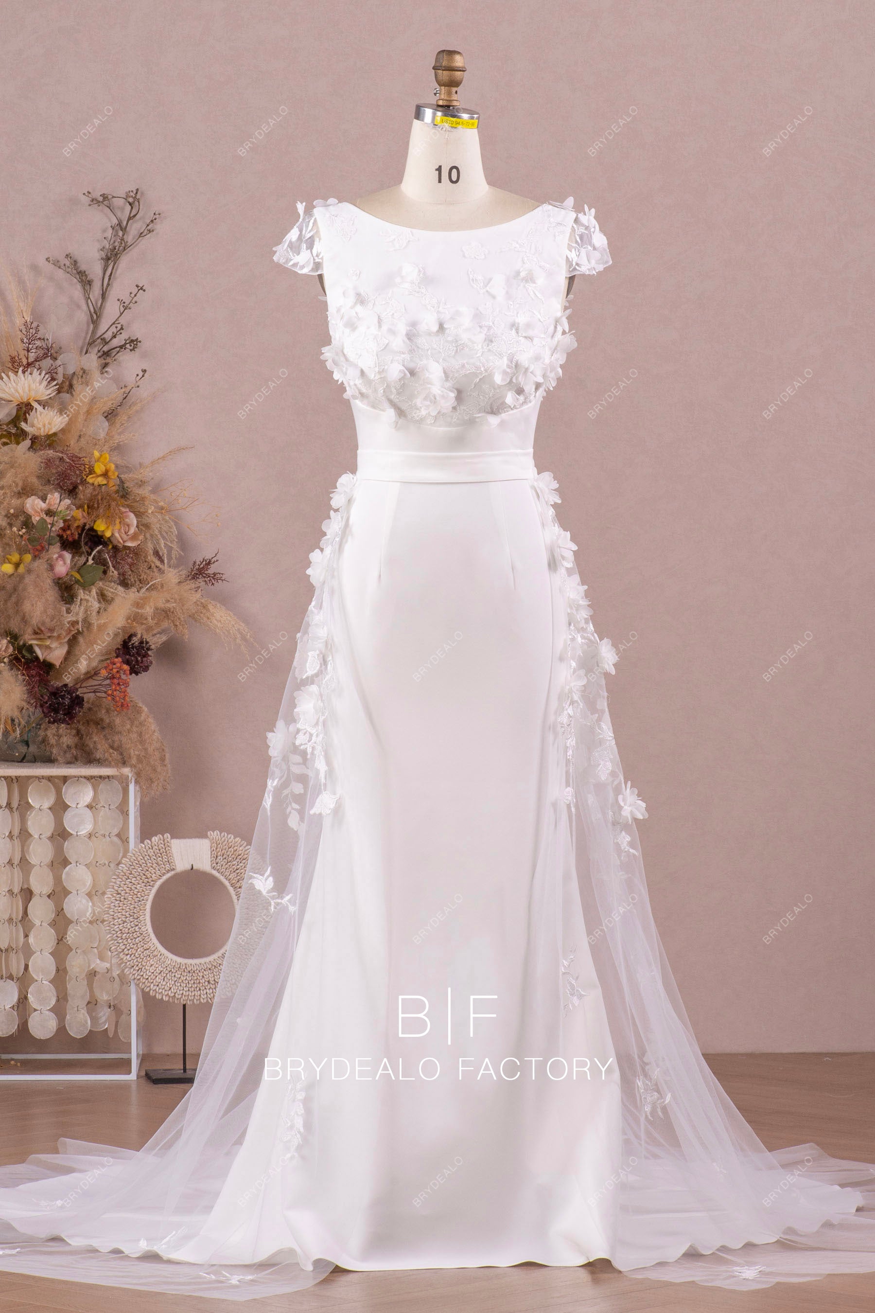 3D Flower Lace Overskirt Mermaid Crepe Wedding Dress Light Ivory 3D Flower Lace Overskirt Mermaid Crepe Wedding Dress Light Ivory