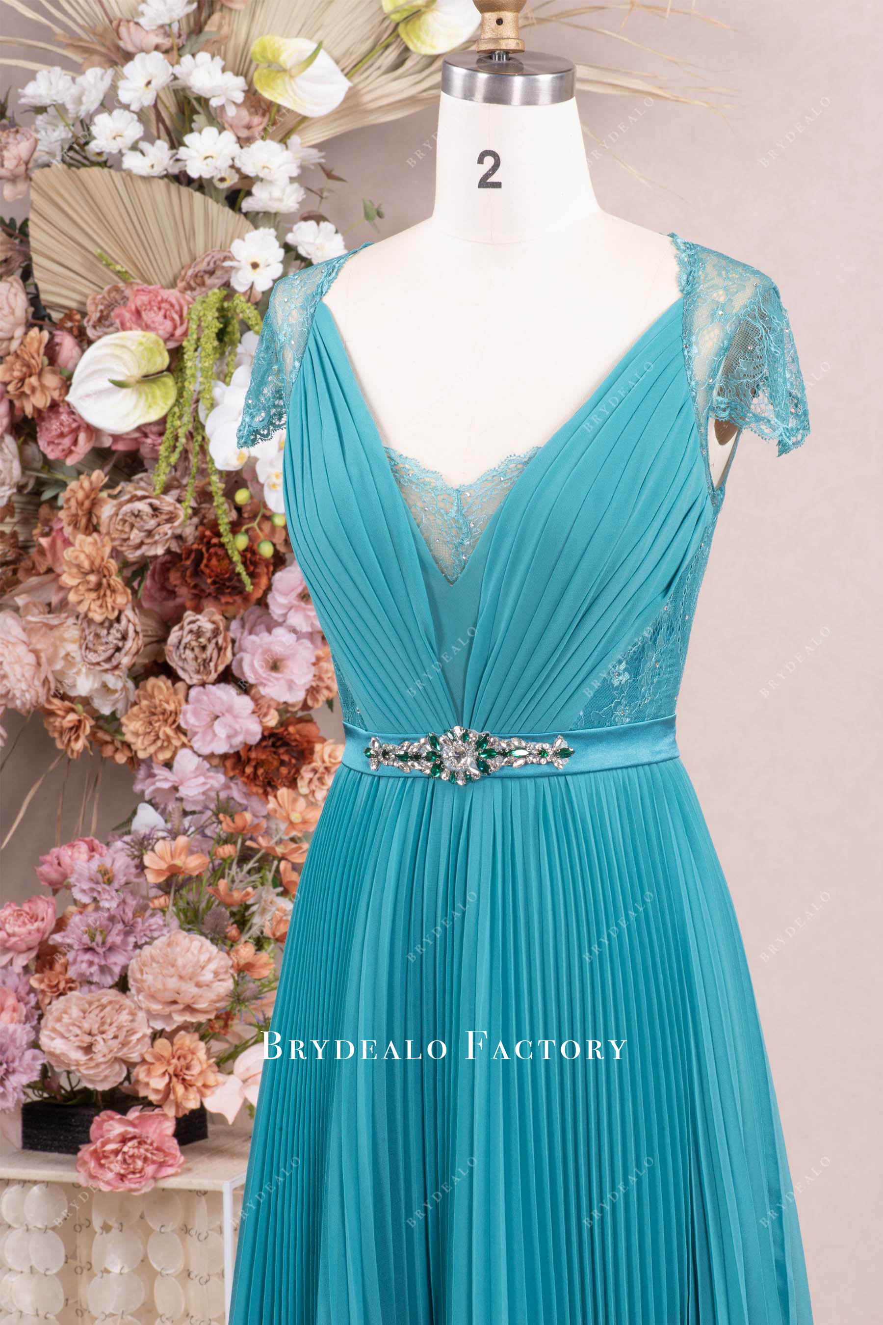 cap sleeve pleated chiffon formal dress