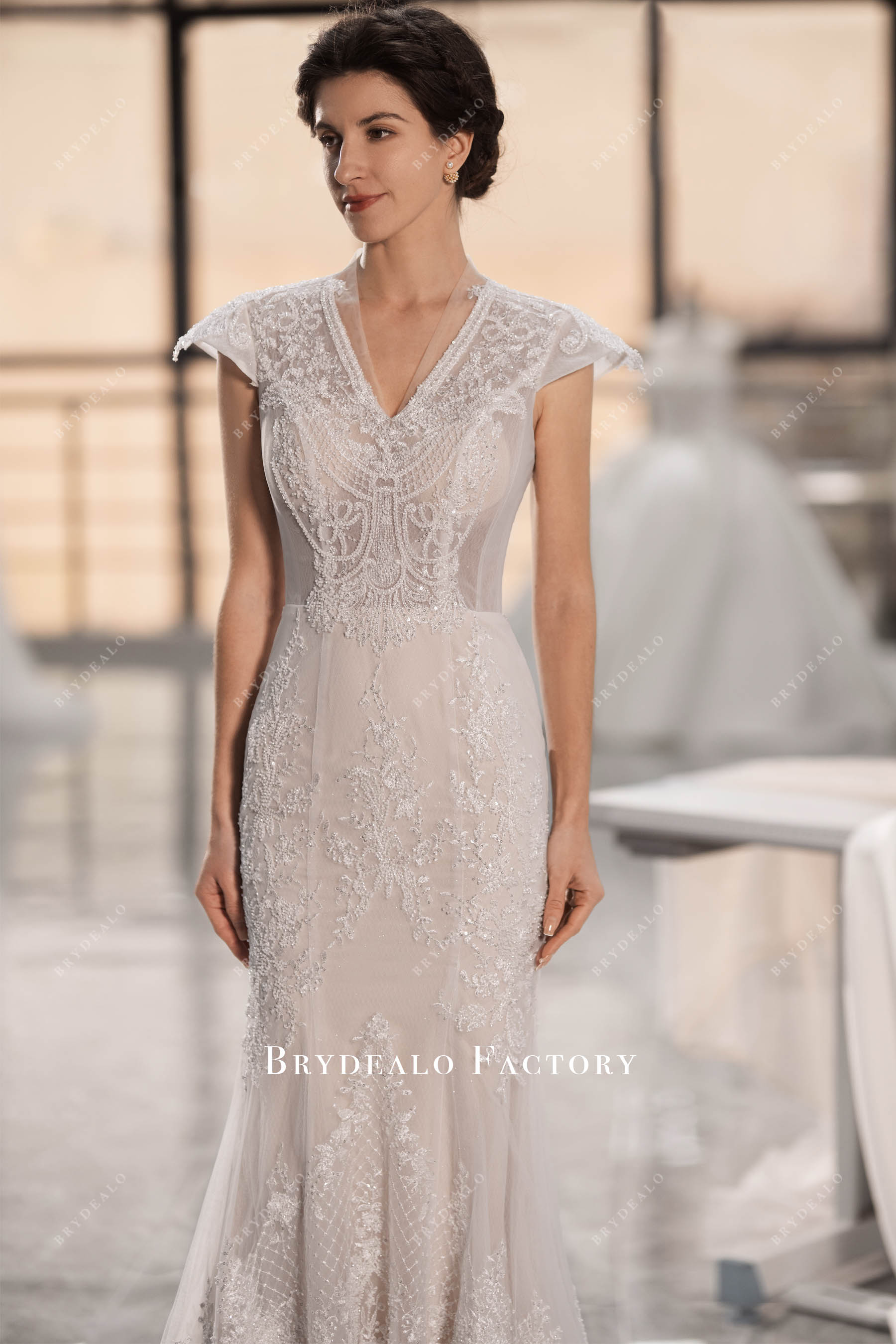 cap sleeve V-neck wedding dress