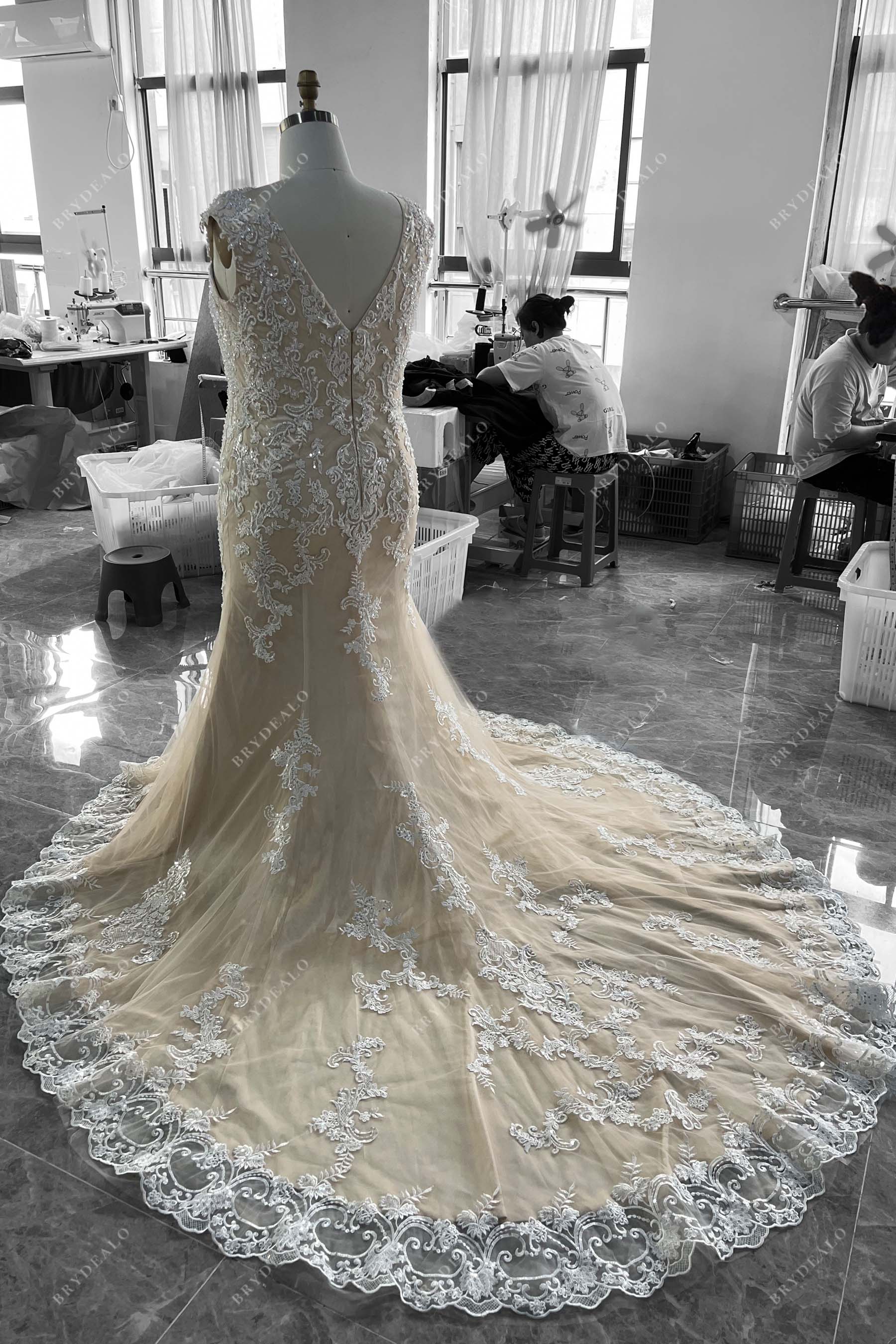 cap sleeves chapel train mermaid wedding gown