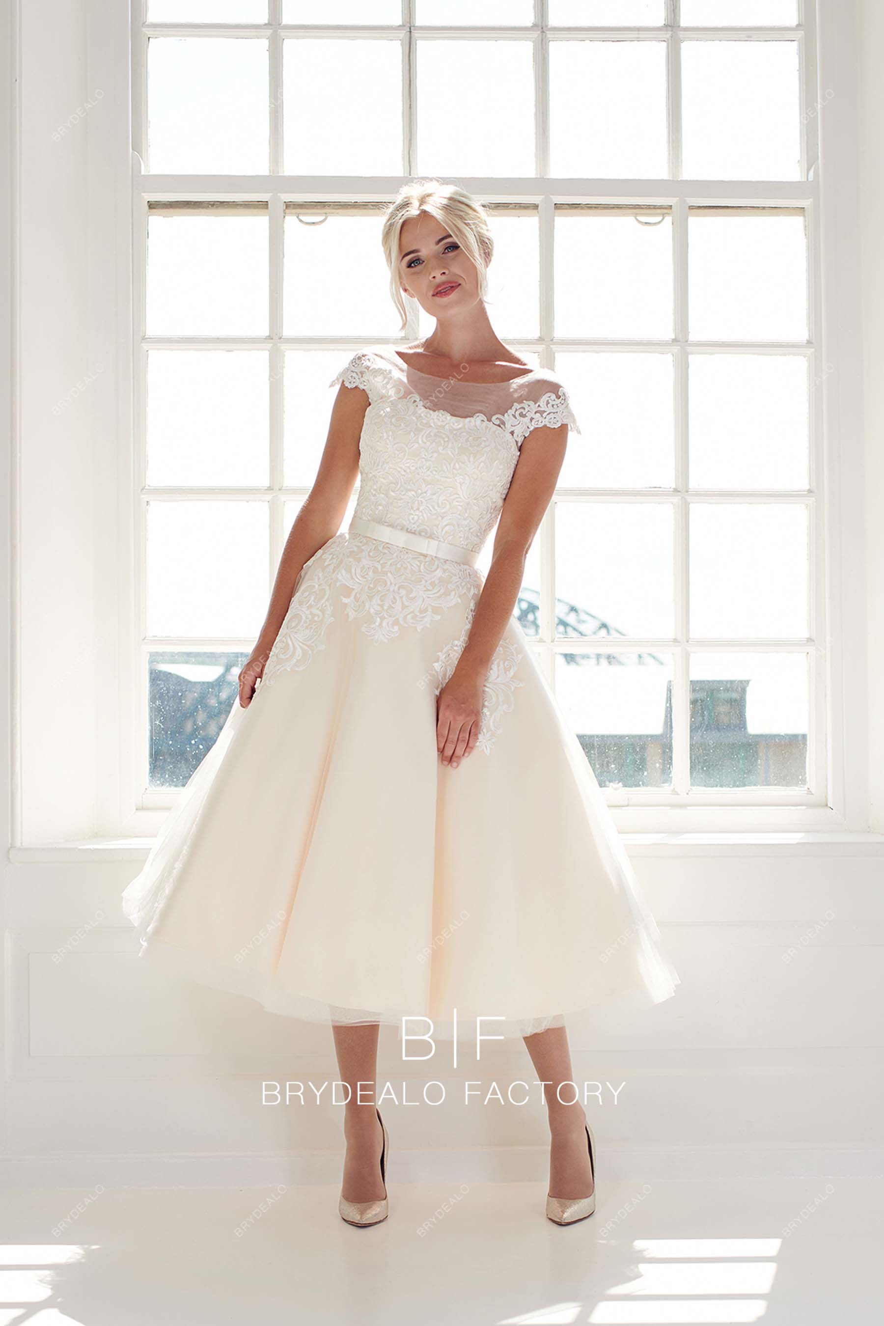 cap sleeves tea length light champagne bridal dress