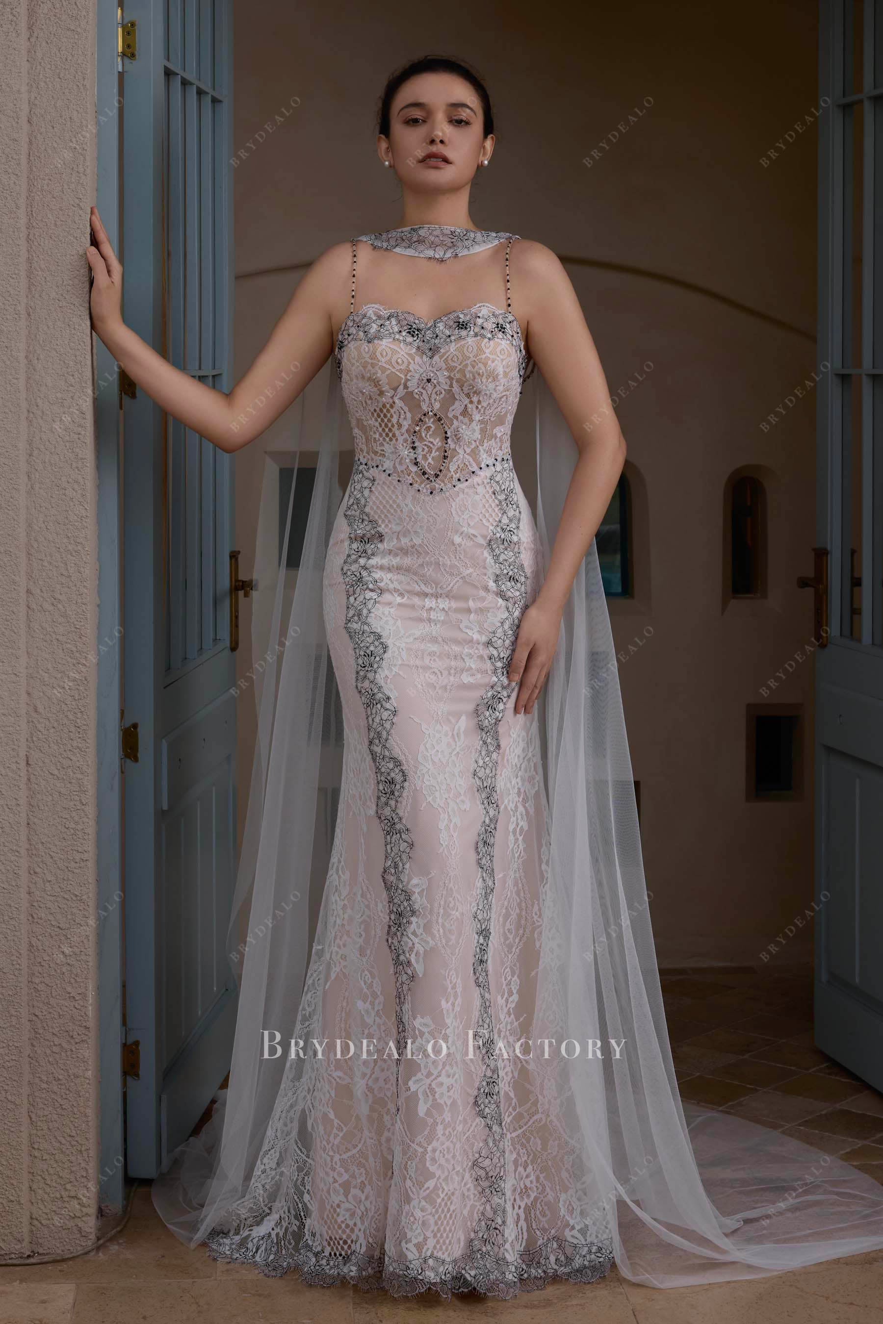 cape black champagne wedding dress