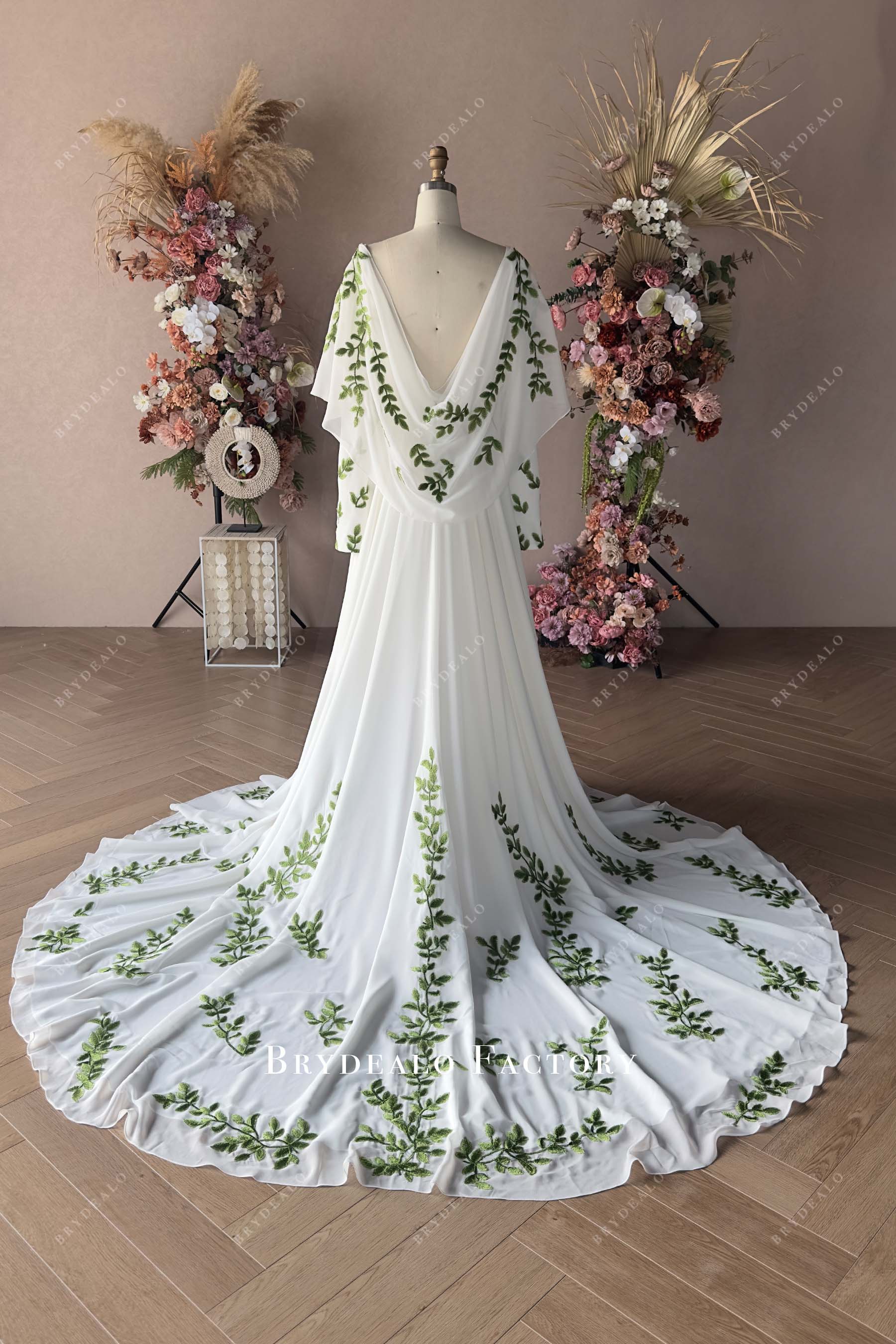 detachable cape long train A-line bridal dress