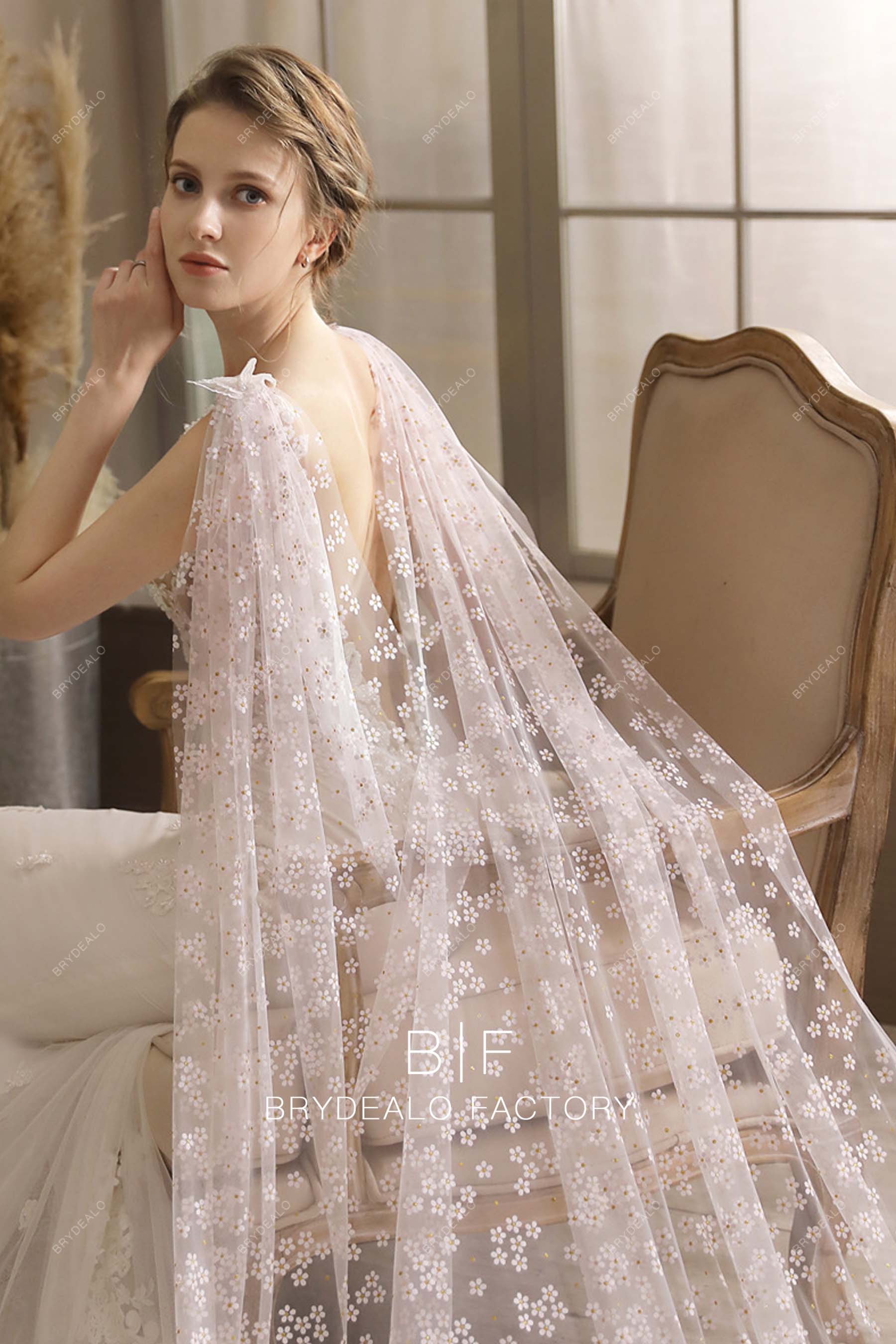 Allover Petite Flowers Bridal Watteau Cape Veil