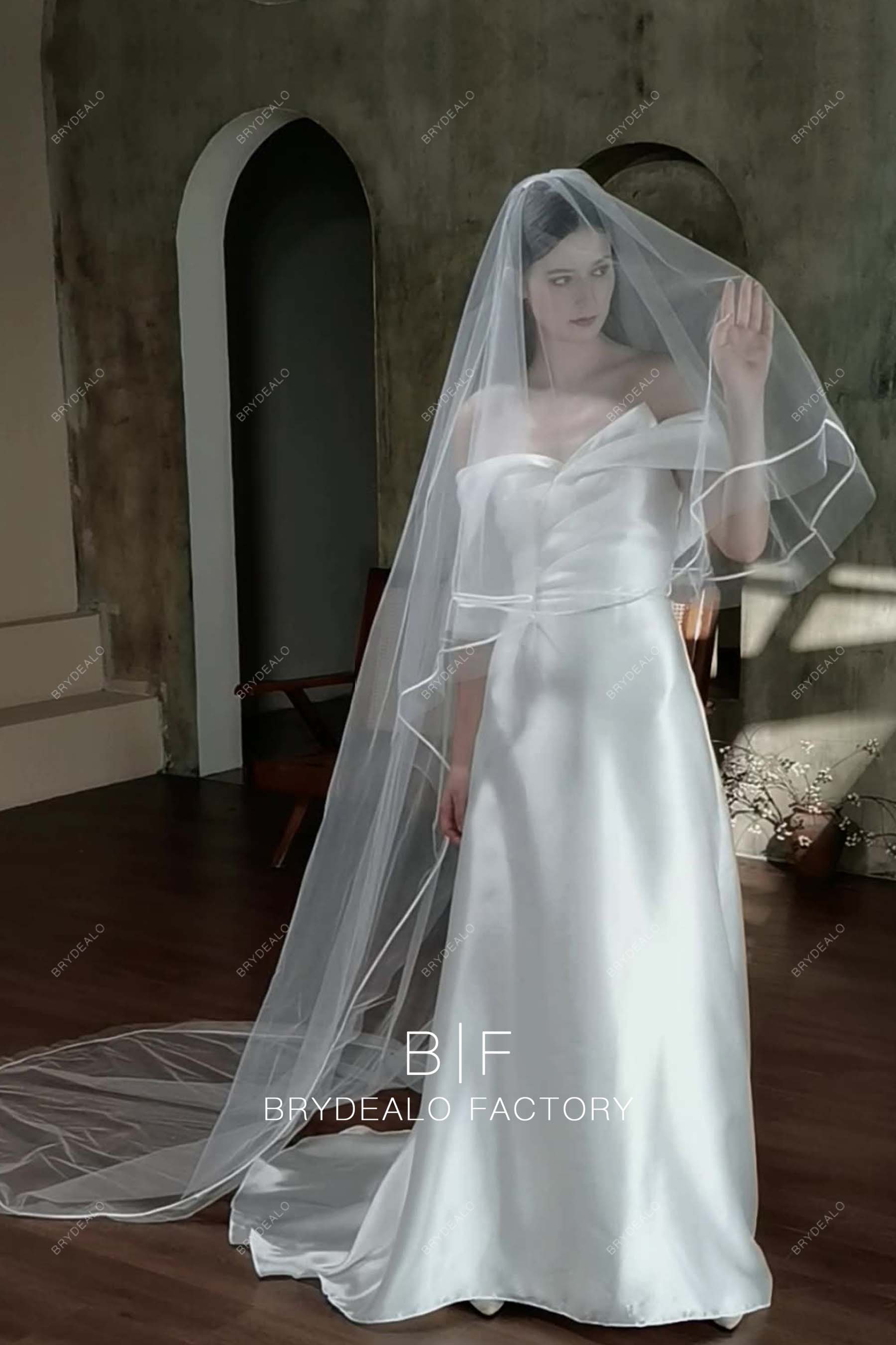 Cathedral Length Satin Ribbon Two Tiered Wholesale Long Drop Veil Cathedral Length Satin Ribbon Two Tiered Wholesale Long Drop Veil