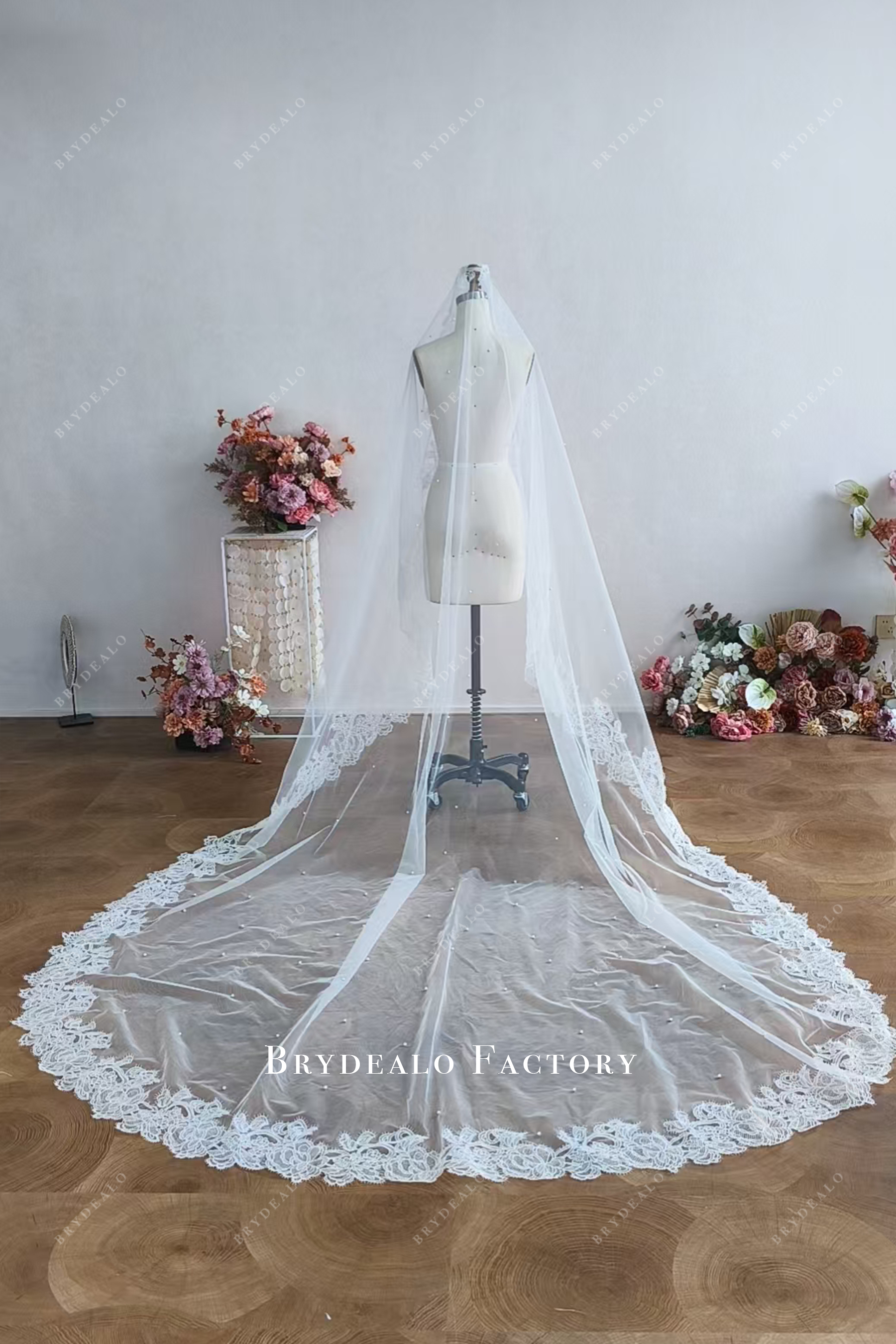 cathedral train pearls wedding veil