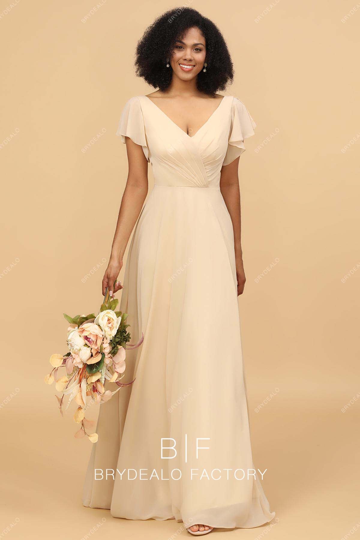 Champagne Chiffon Flutter Sleeves V-neck Bridesmaid Dress