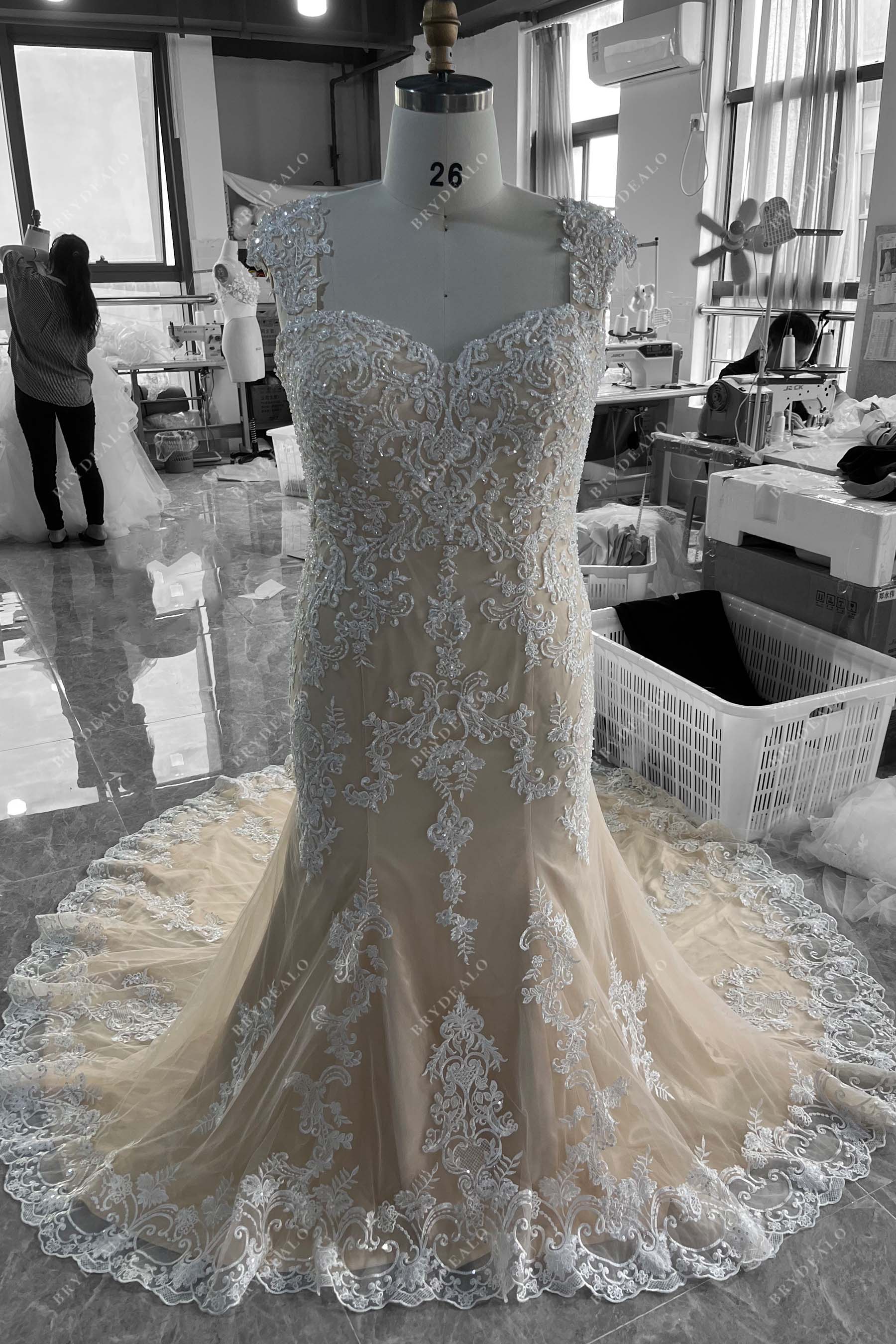 Private Label Luxury Beaded Lace Champagne Mermaid Bridal Dress Champagne