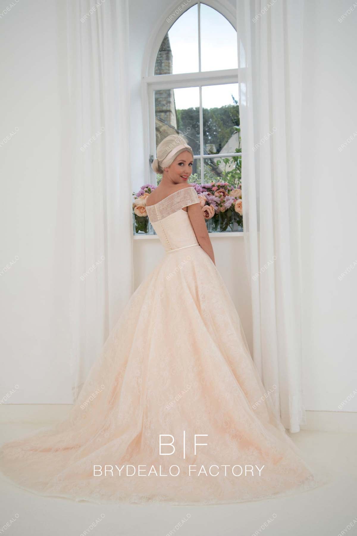 champagne lace off shoulder long train bridal gown