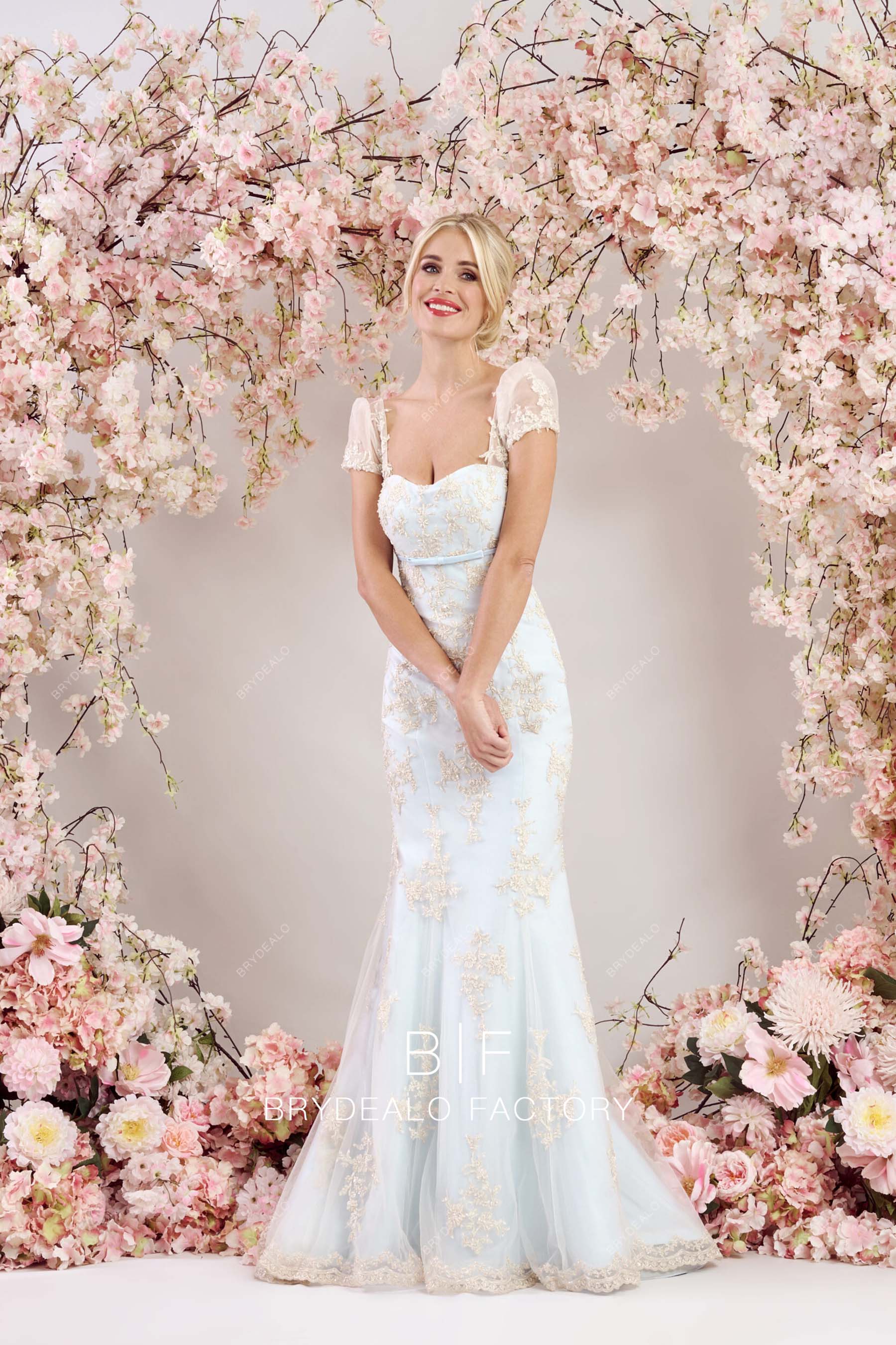 sheer short sleeves mermaid long bridal dress