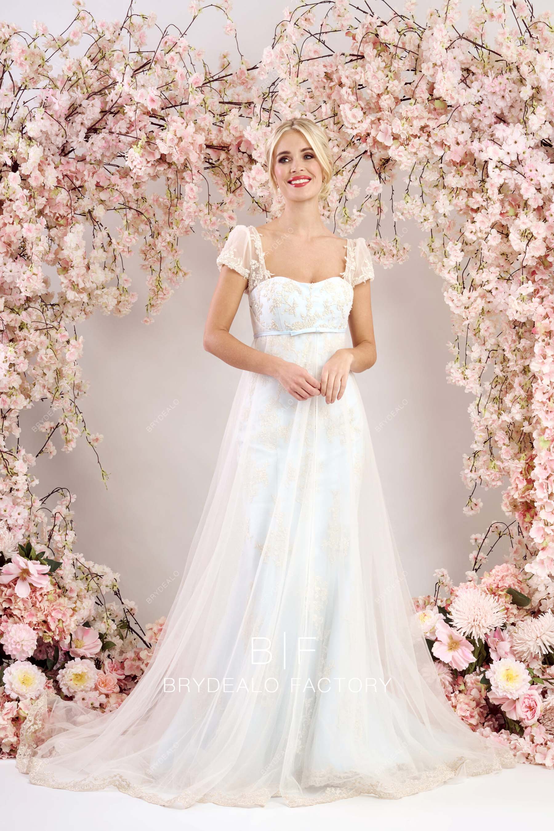champagne lace overlaid blue Overskirt bridal dress