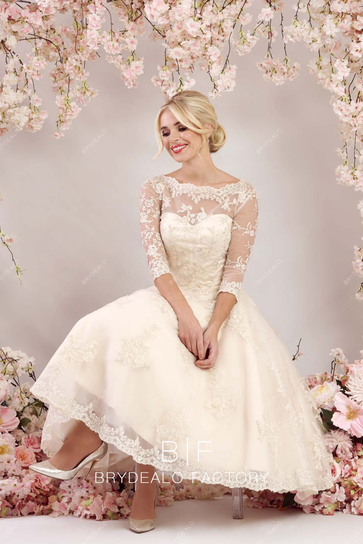 champagne lace short city wedding gown