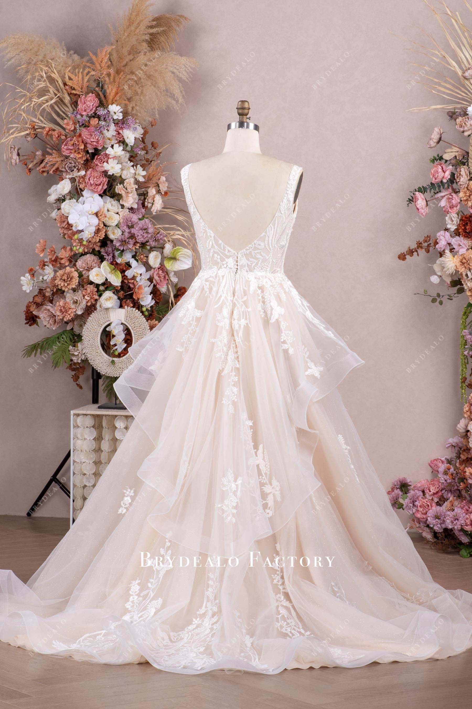 champagne long ruffled lace wedding dress