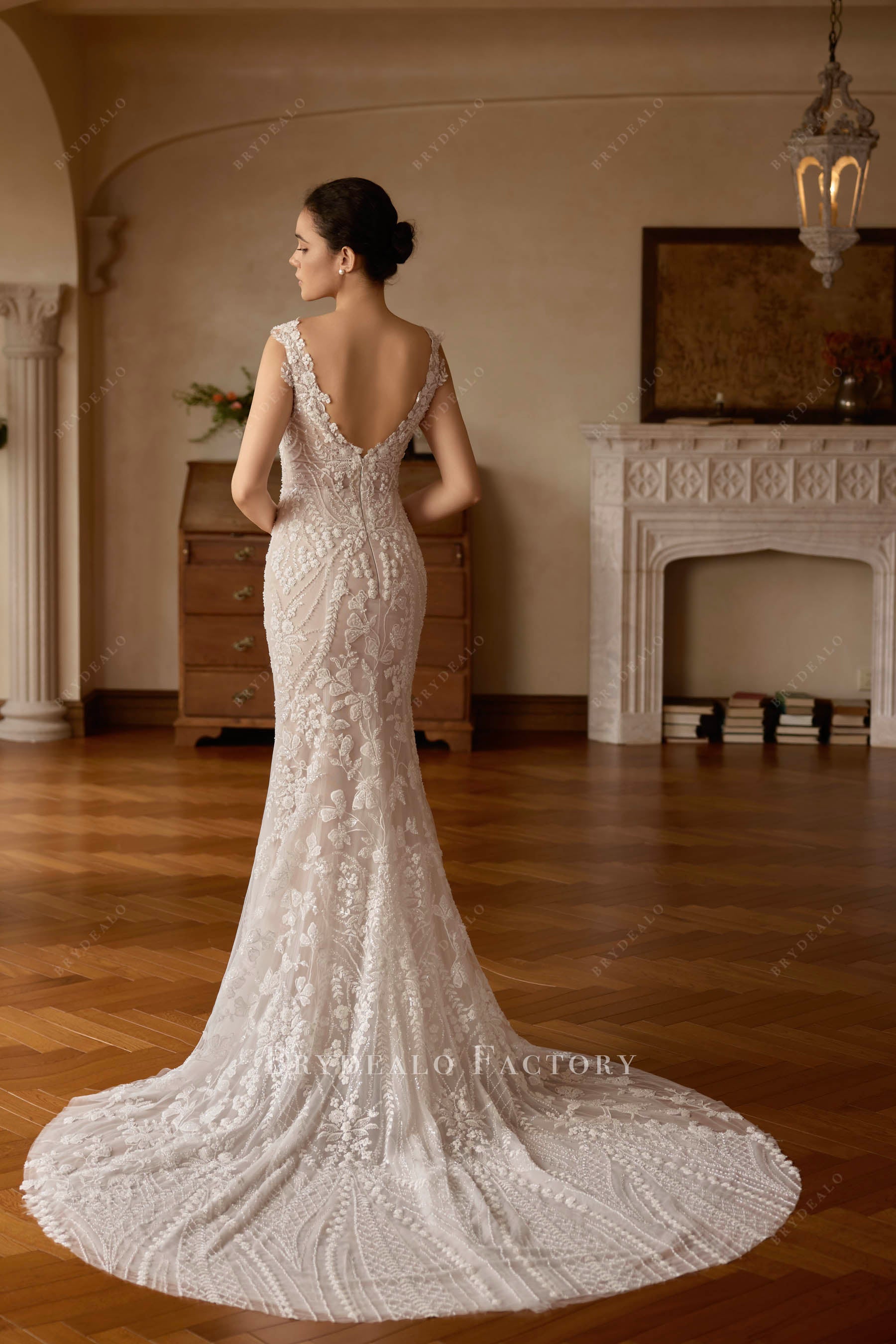 chapel beaded lace mermaid wedding dress