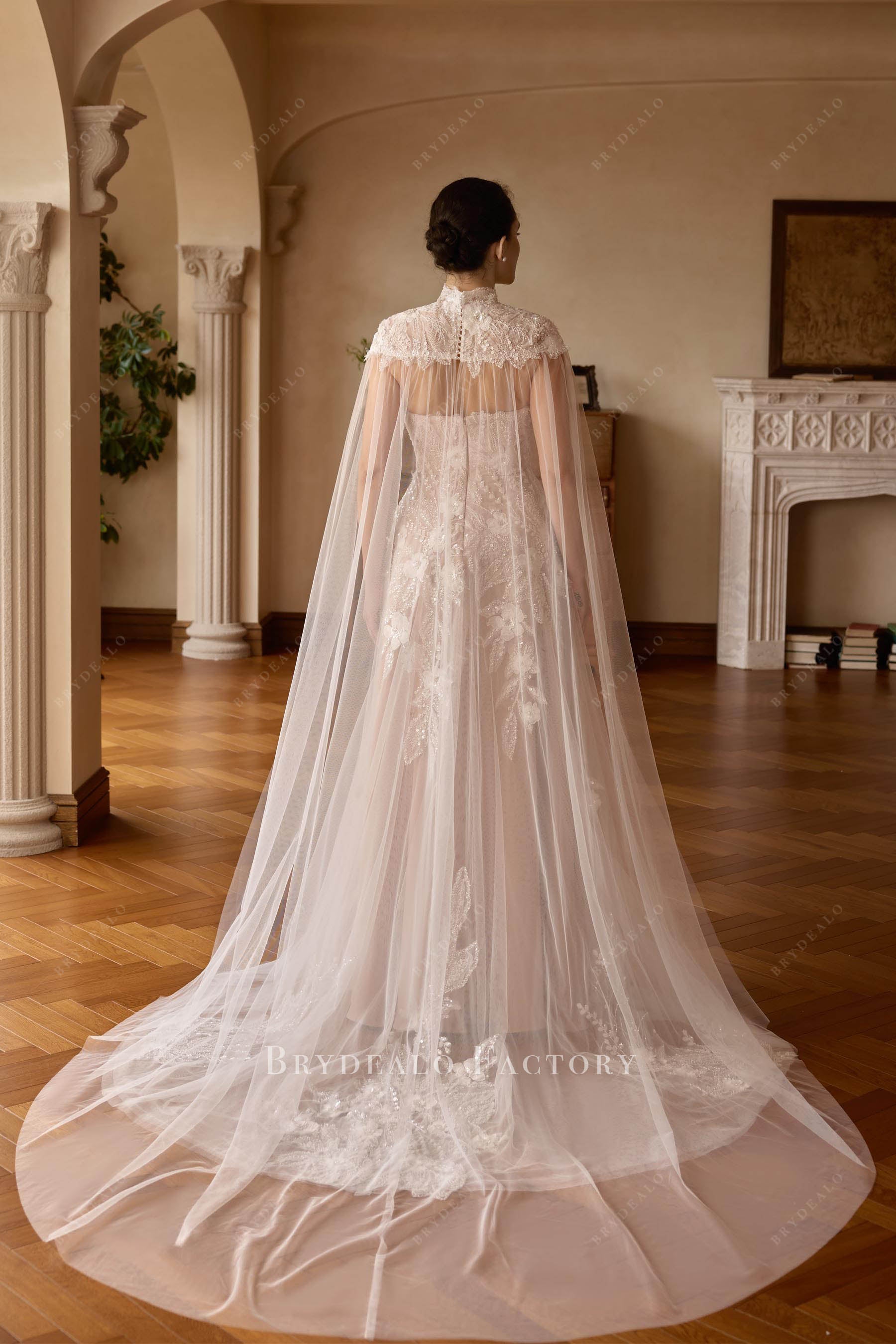 chapel cape lace wedding dress