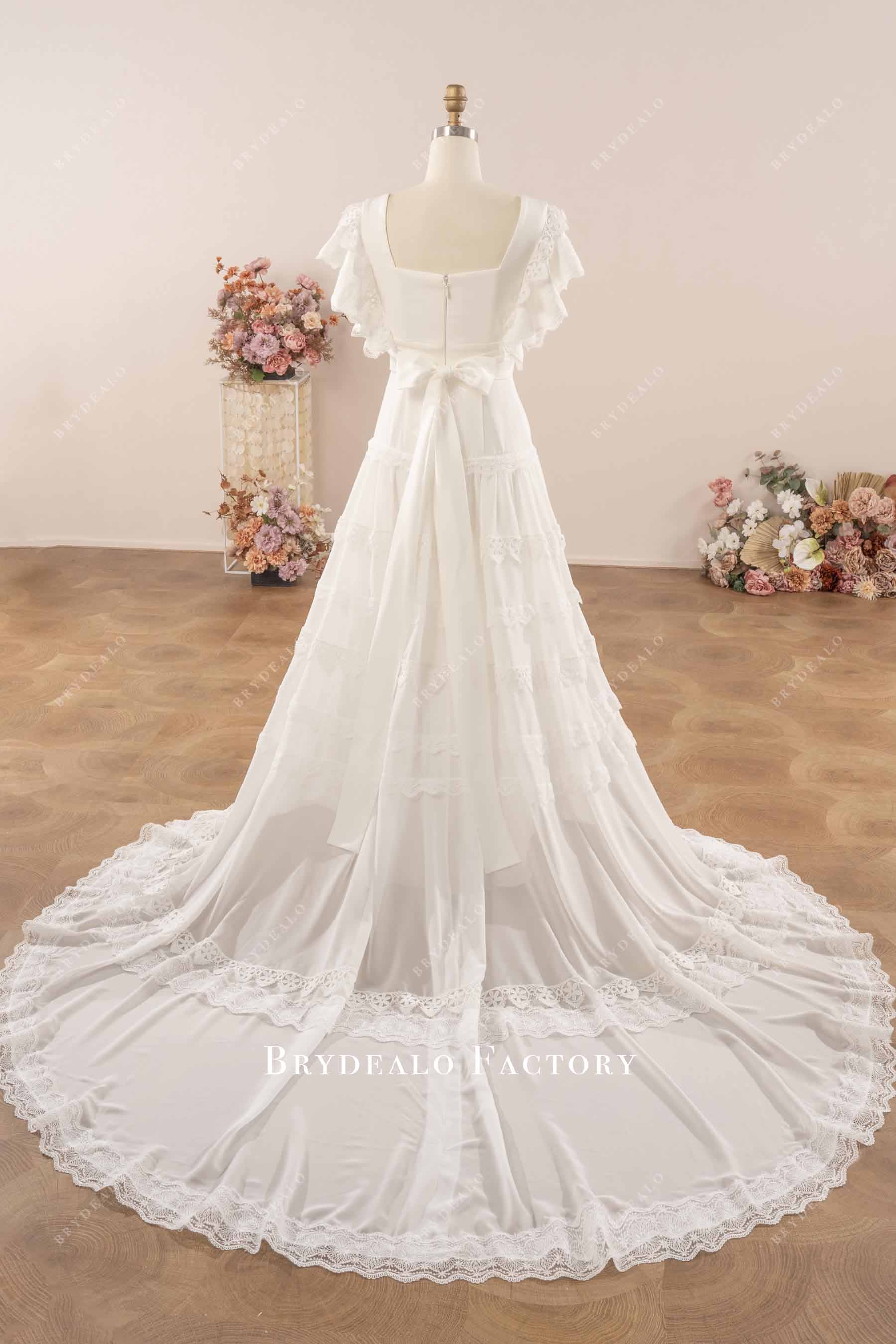 chapel layered lace trim wedding dress