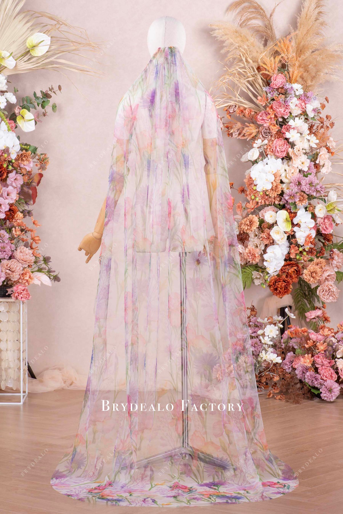 Dreamy Floral Print Tulle Chapel Length Wedding Veil
