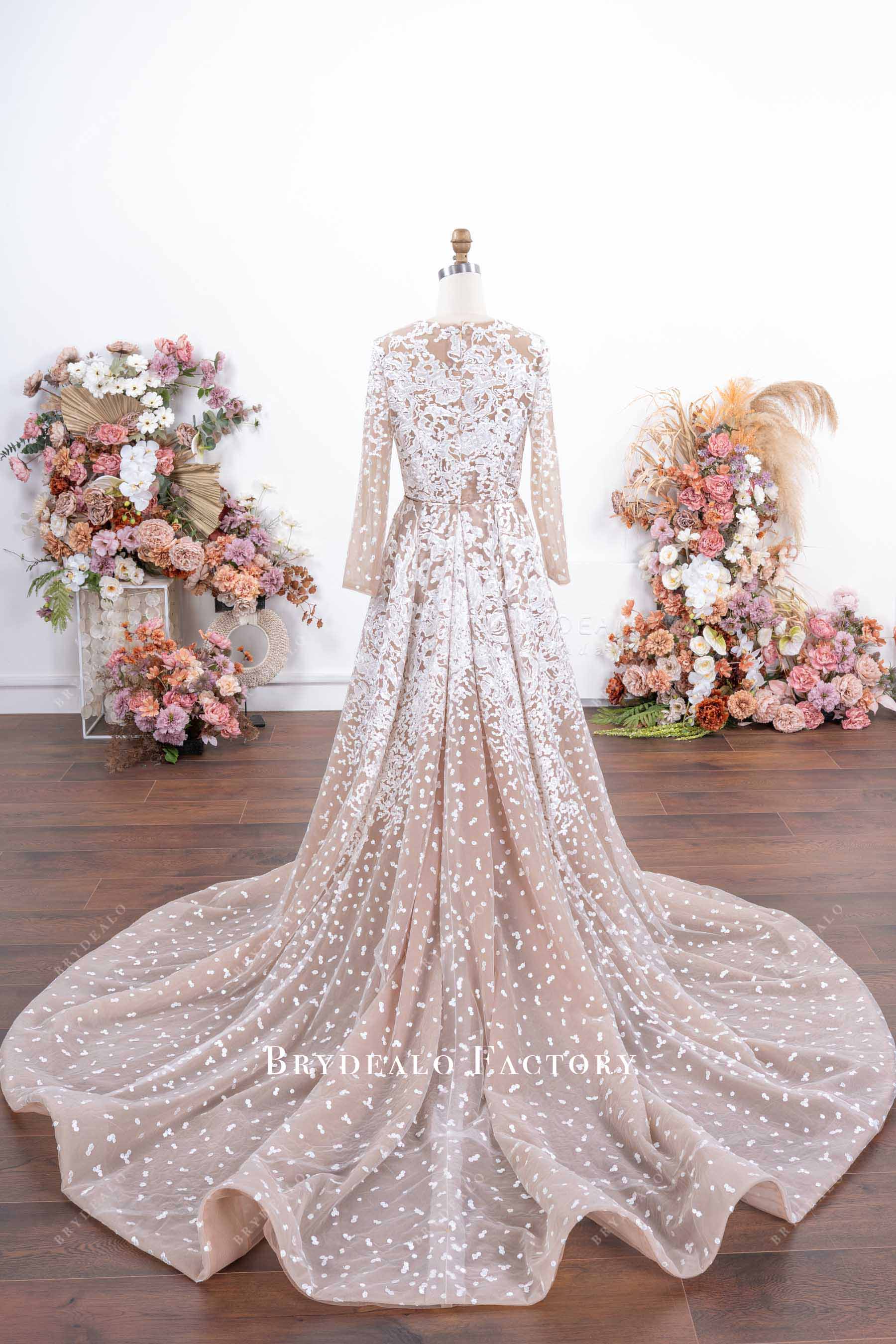 chapel length overskirt lace wedding dress