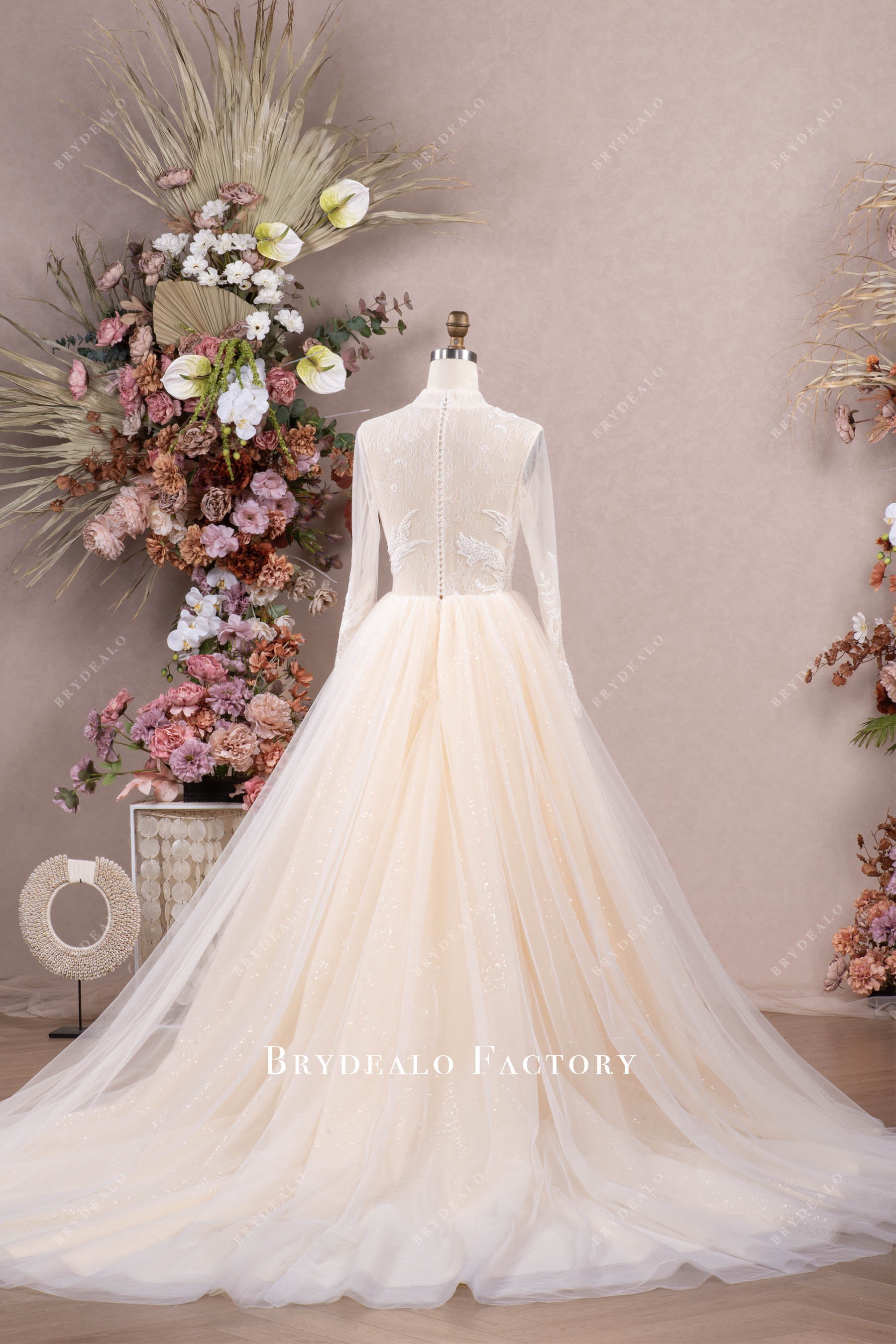 chapel length puffy tulle wedding dress