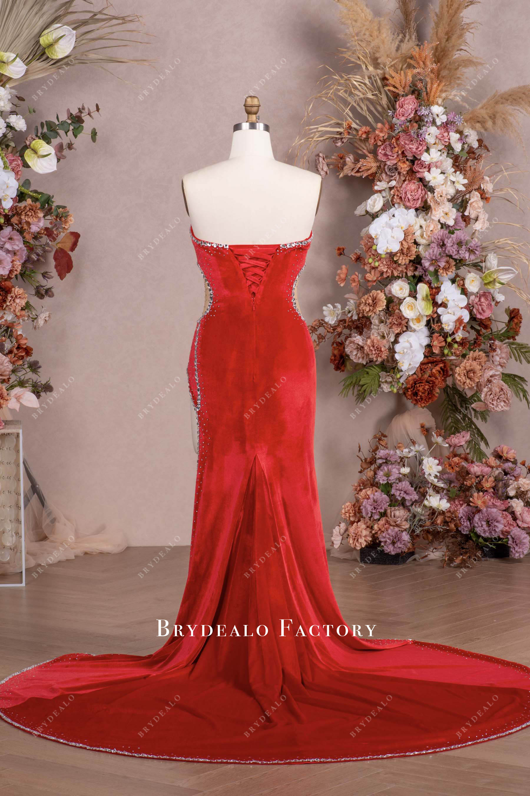 Red Rhinestone Velvet High Slit Fit & Flare Prom Dress