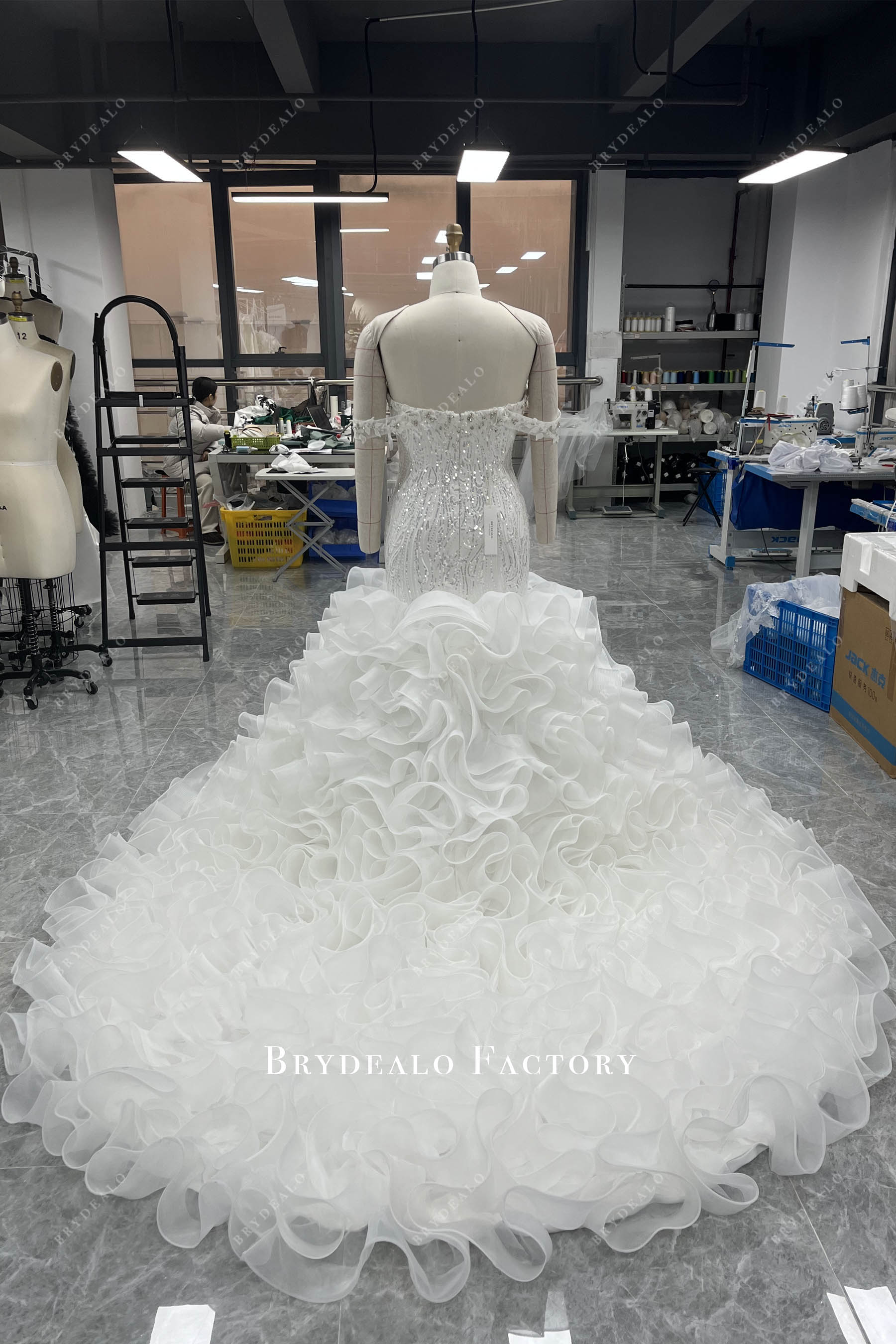 chapel ruffled long wedding dress