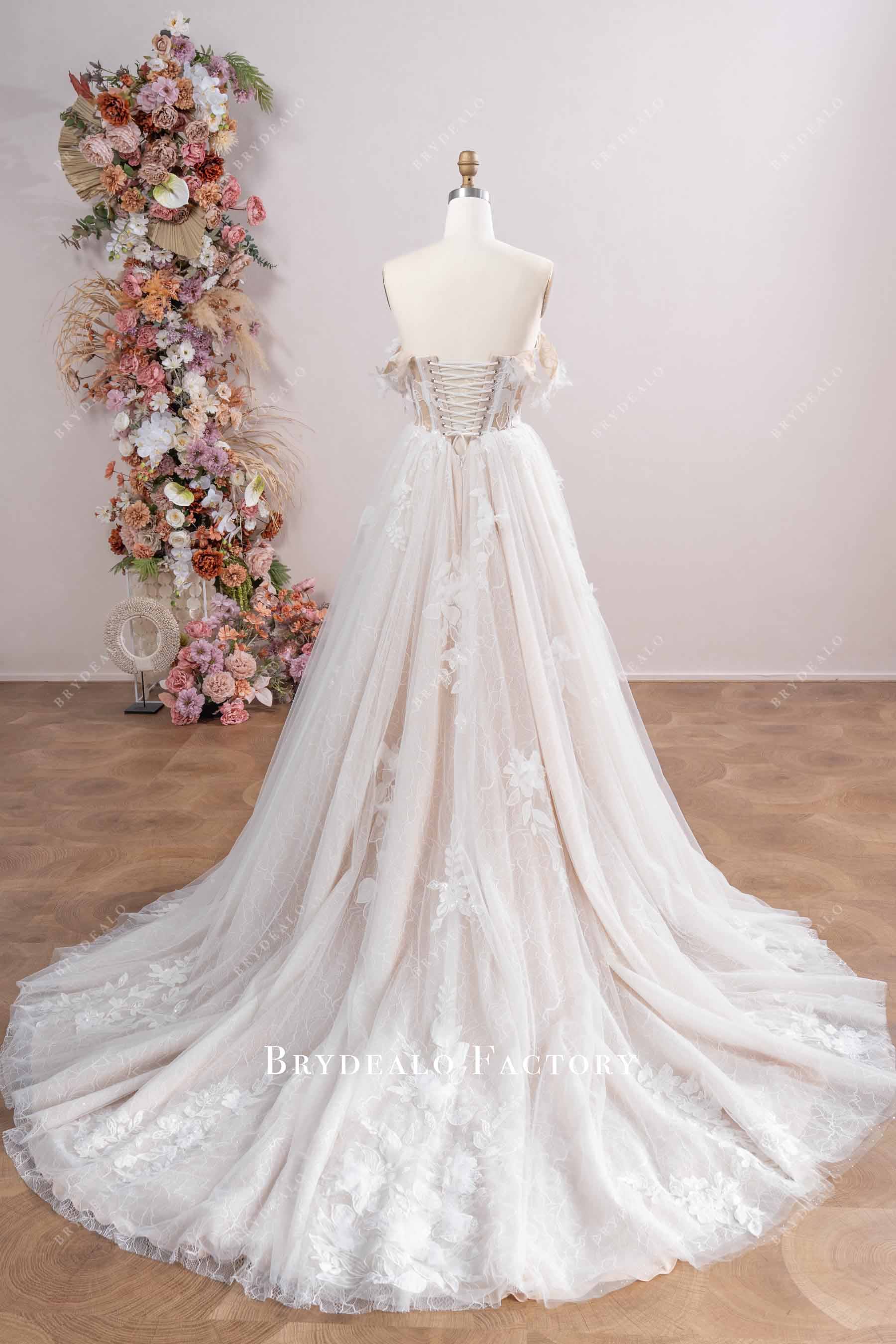 Nude Beige Corset Floral Lace Tulle Aline Wedding Dress