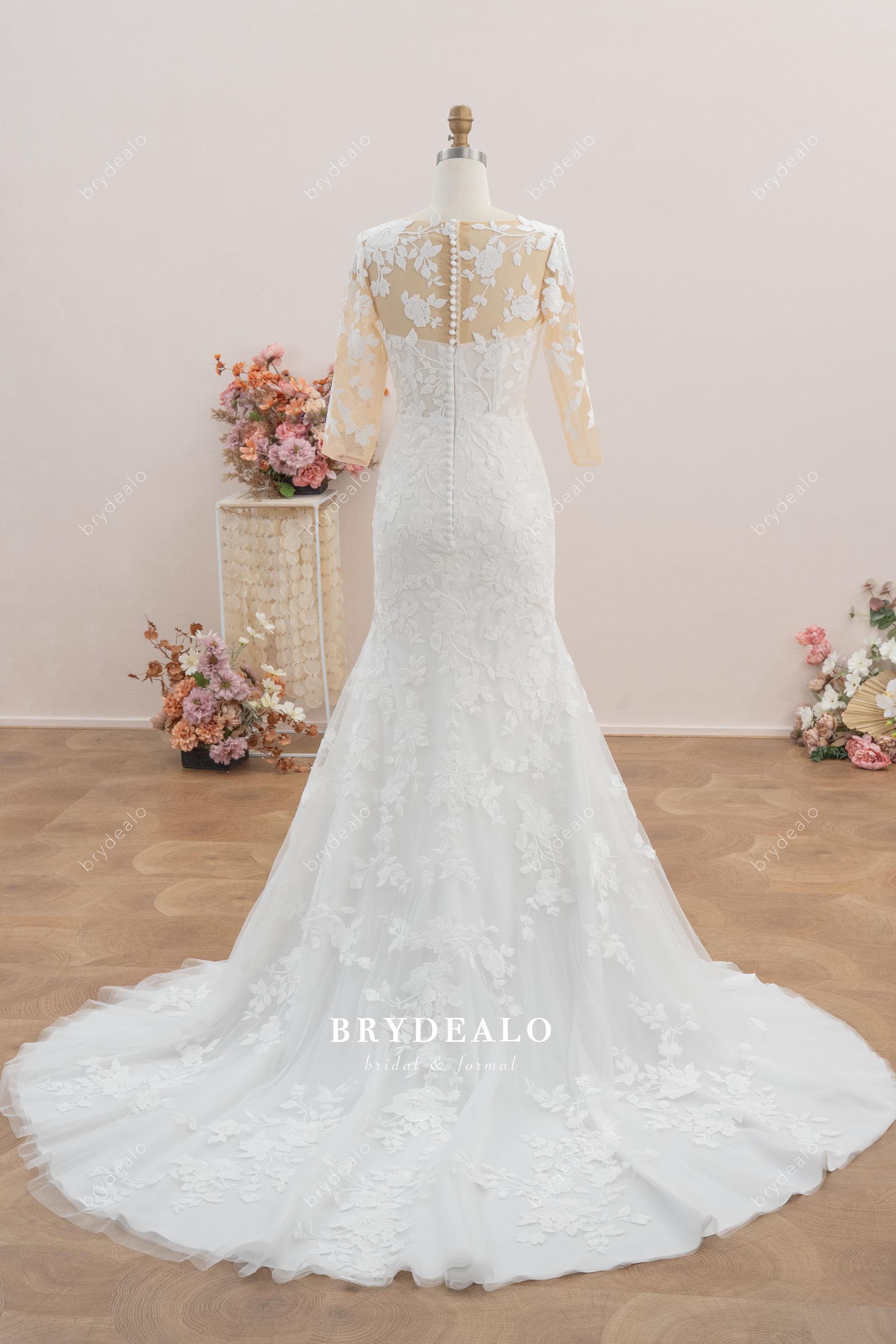 chapel train flower lace fit flare wedding dress