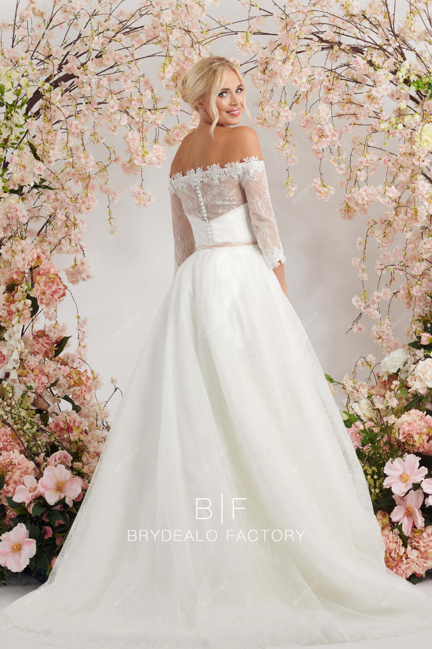 sheer 3/4 sleeves beautiful fall wedding gown chapel train