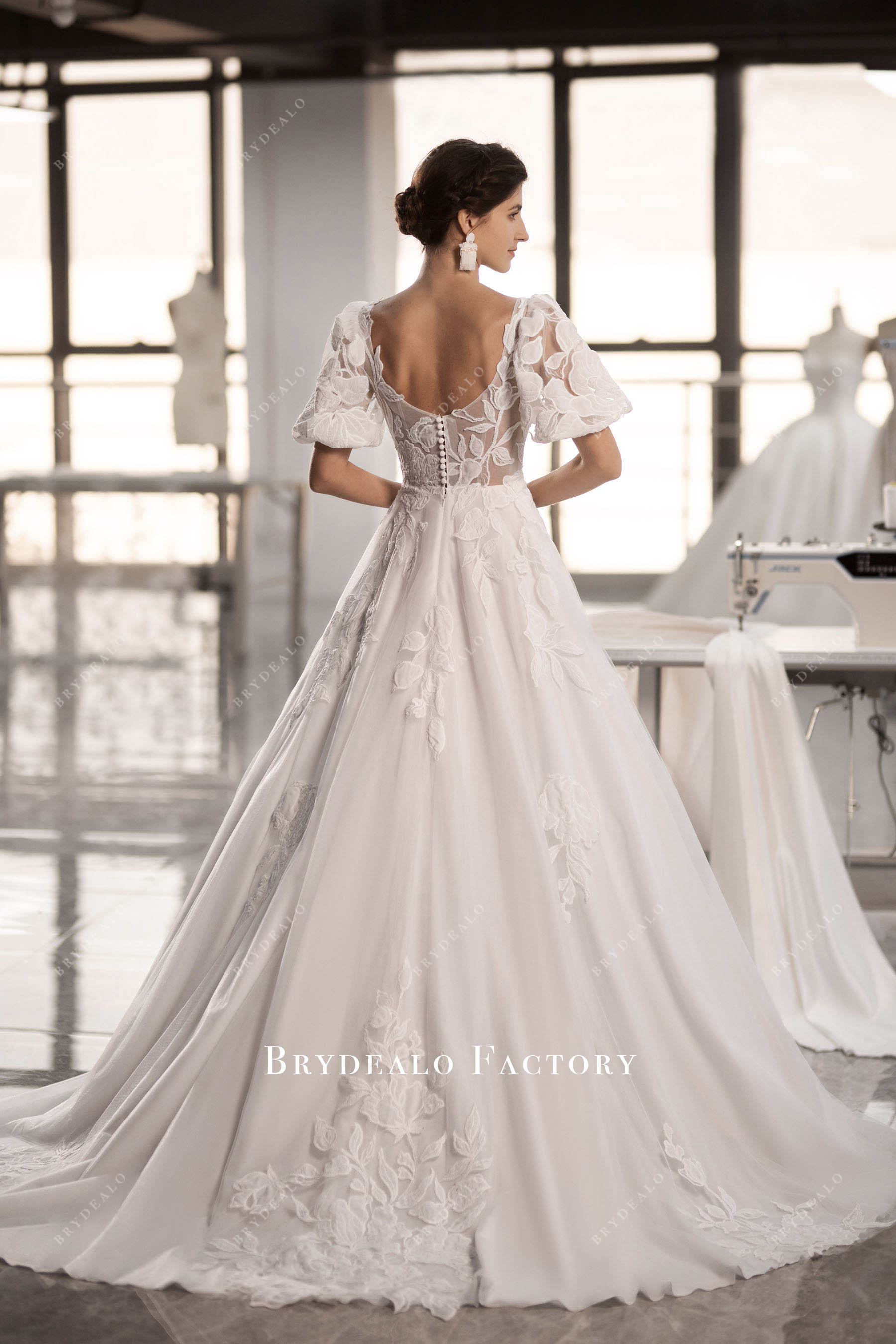 chapel train lace wedding dress sample