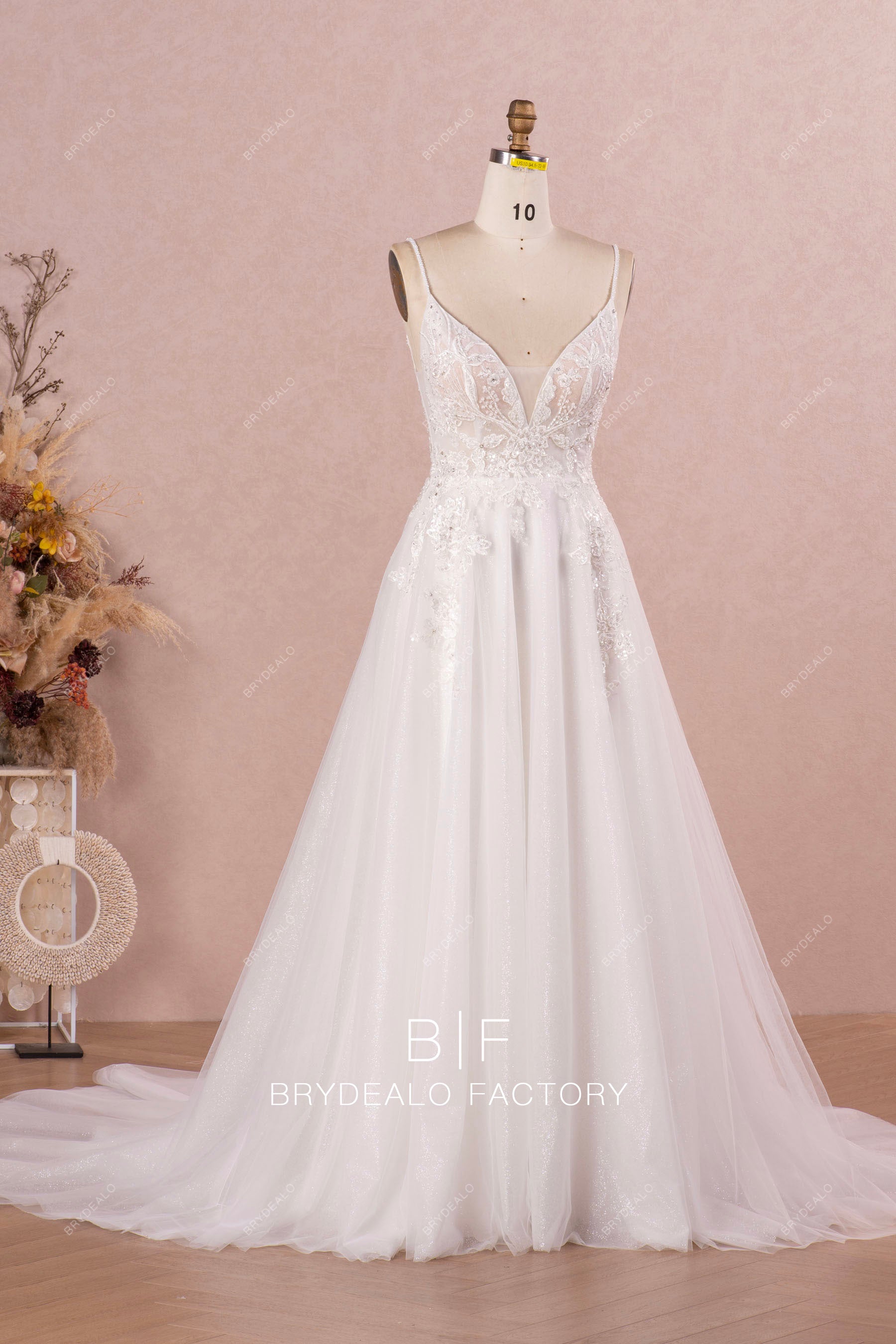 chapel train plunging wedding dress