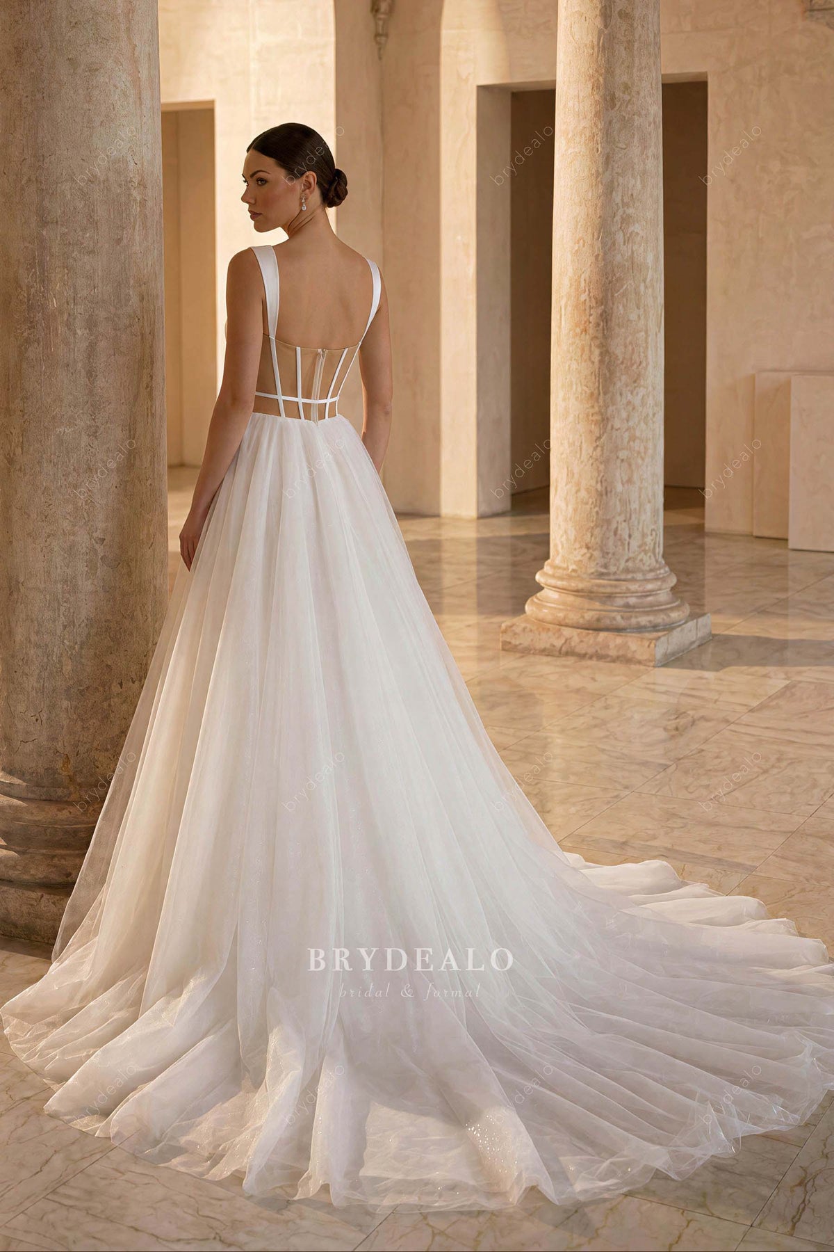 chapel train shimmery tulle wedding dress