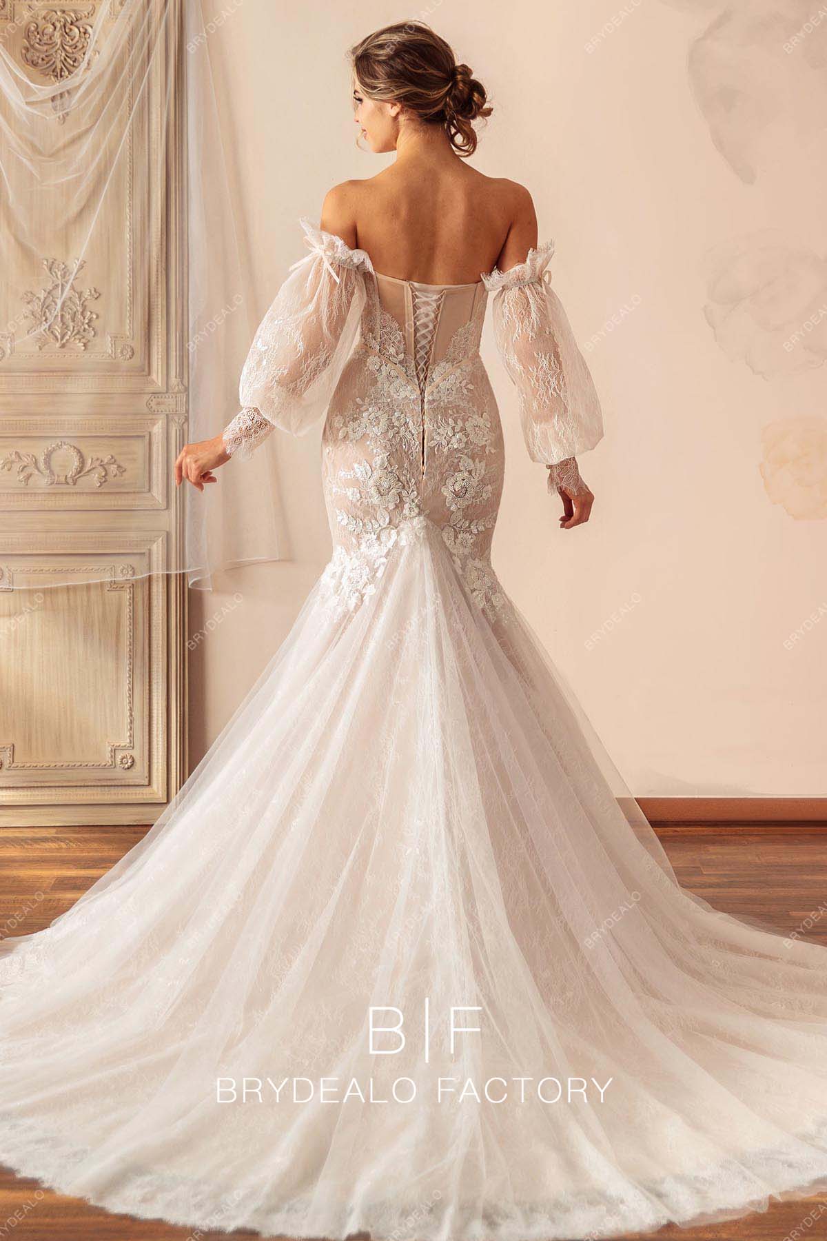 lace-up back chapel train trumpet wedding dress