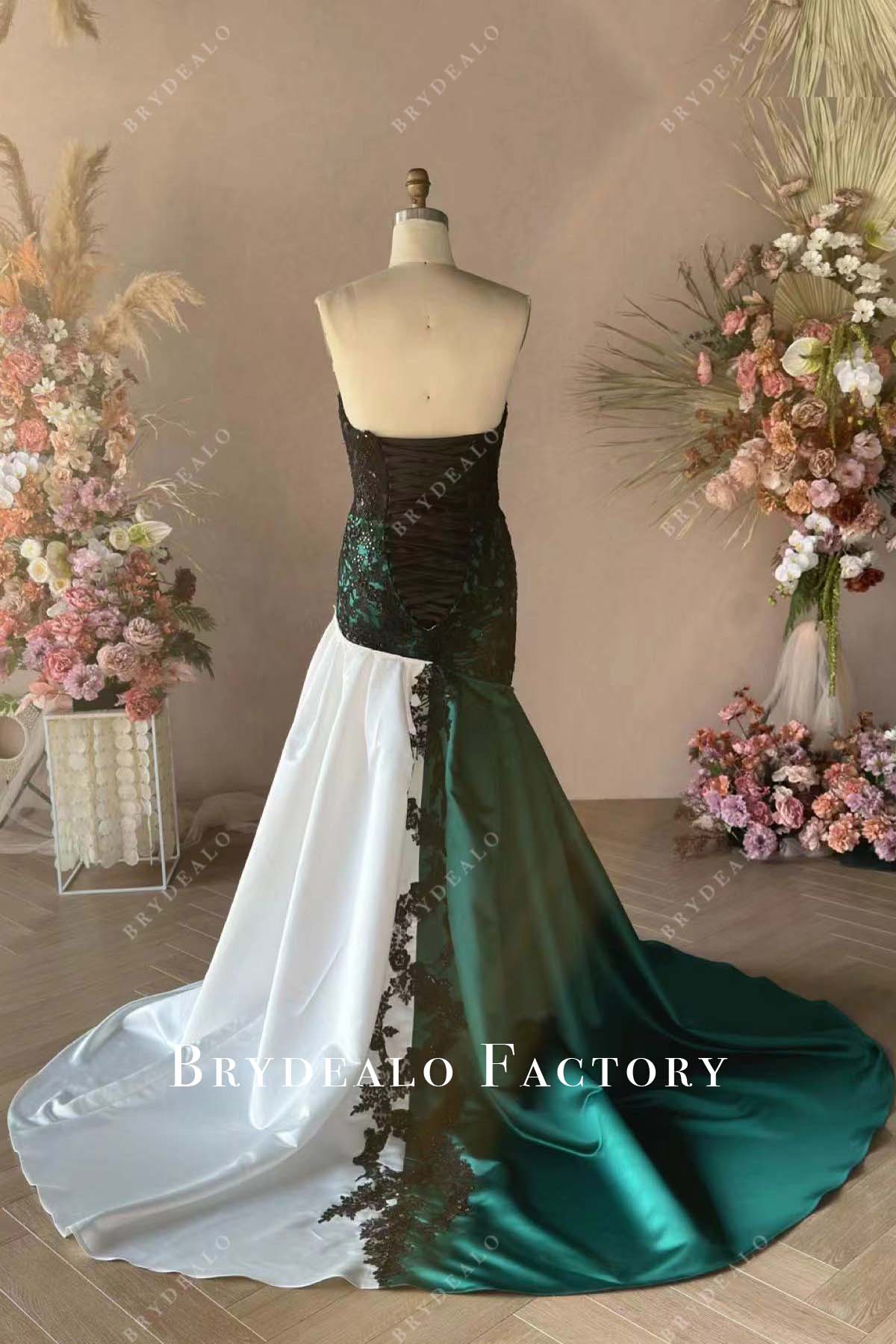 chapel train mermaid satin lace wedding gown