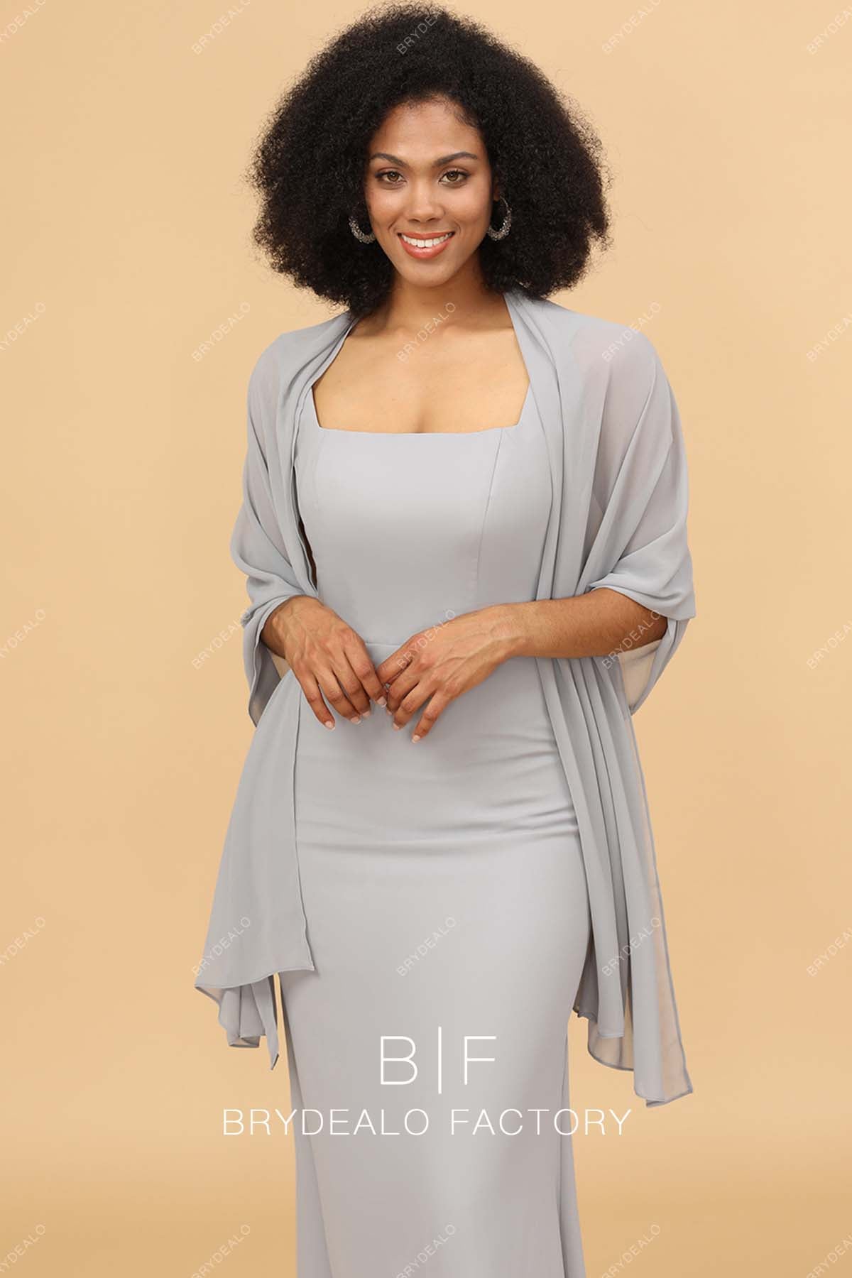 Grey Chiffon Square Neck Cape Bridesmaid Dress