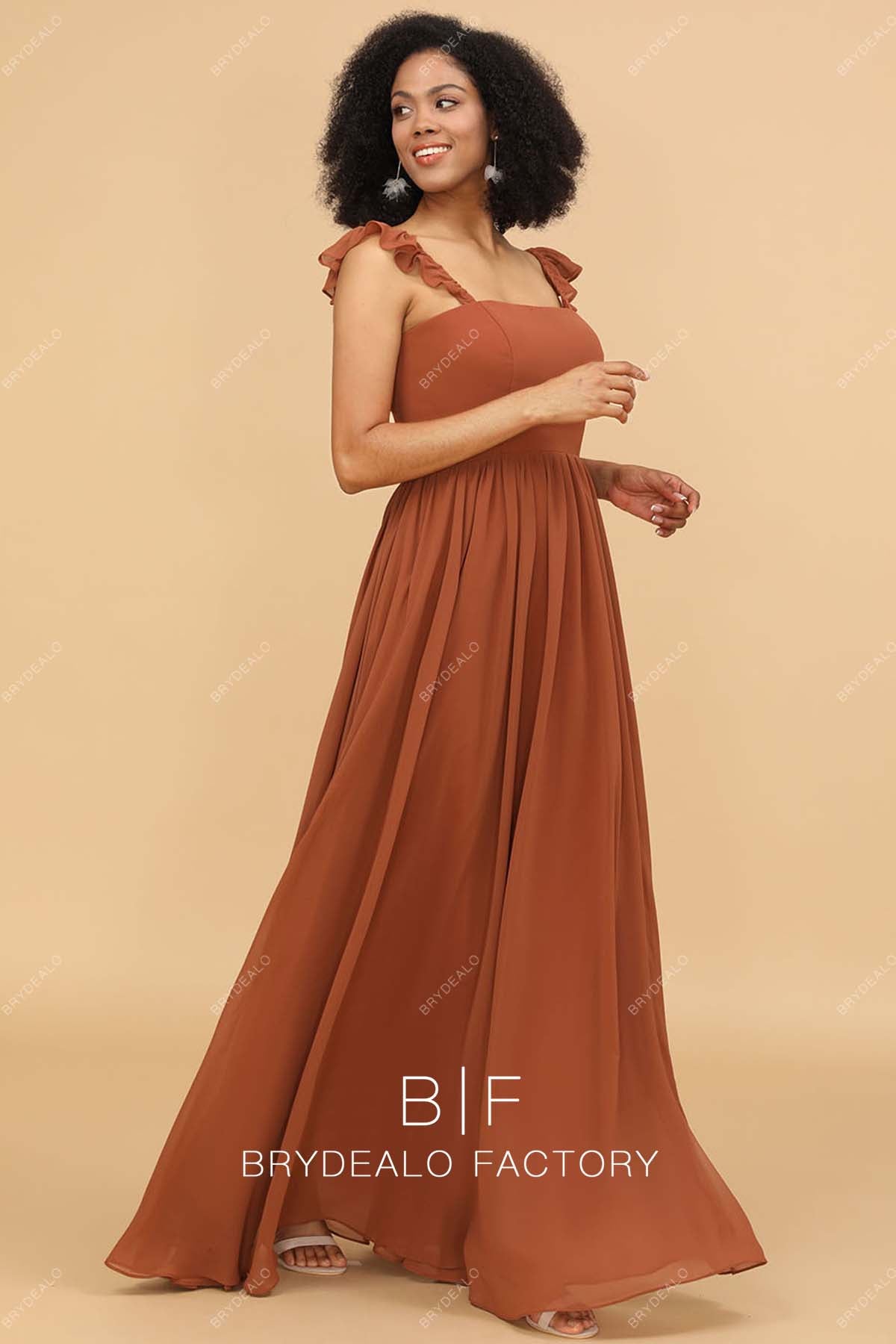 Flutter Straps Rusty Chiffon Slit A-line Bridesmaid Dress