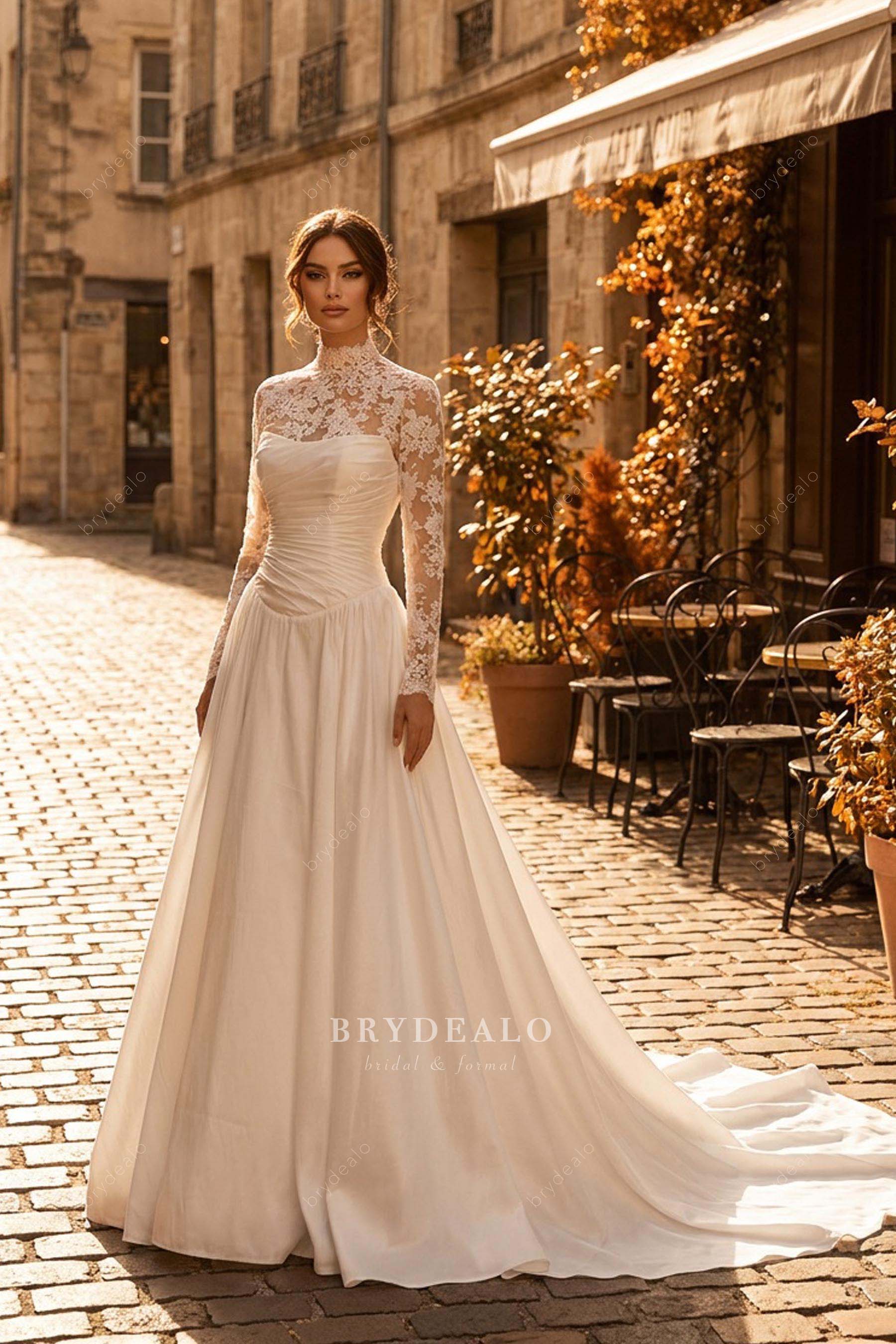 classic lace satin sleeved wedding dress