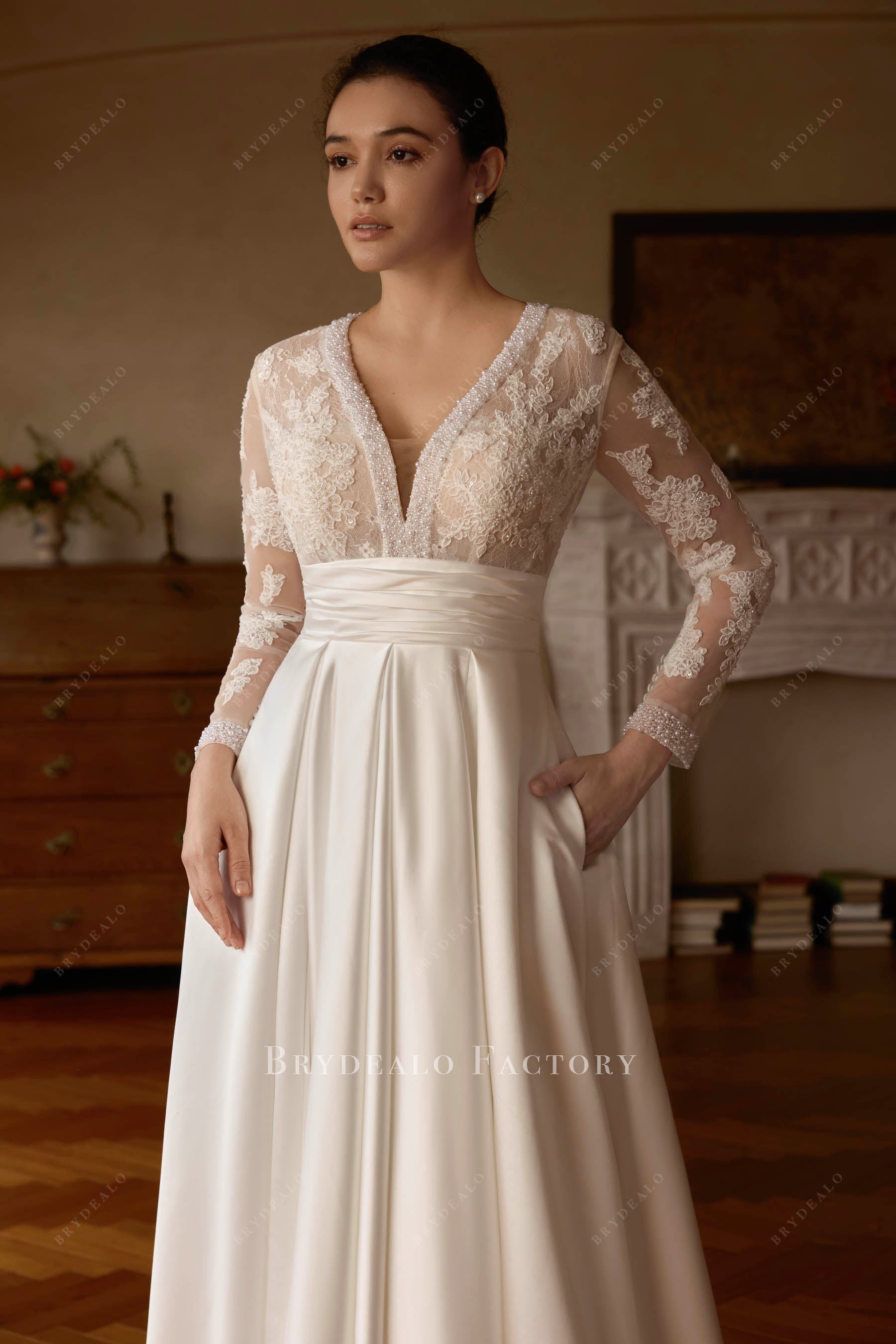 Modern Pearl Lace Satin Wedding Dress Long Sleeve Pockets Modern Pearl Lace Satin Wedding Dress Long Sleeve Pockets