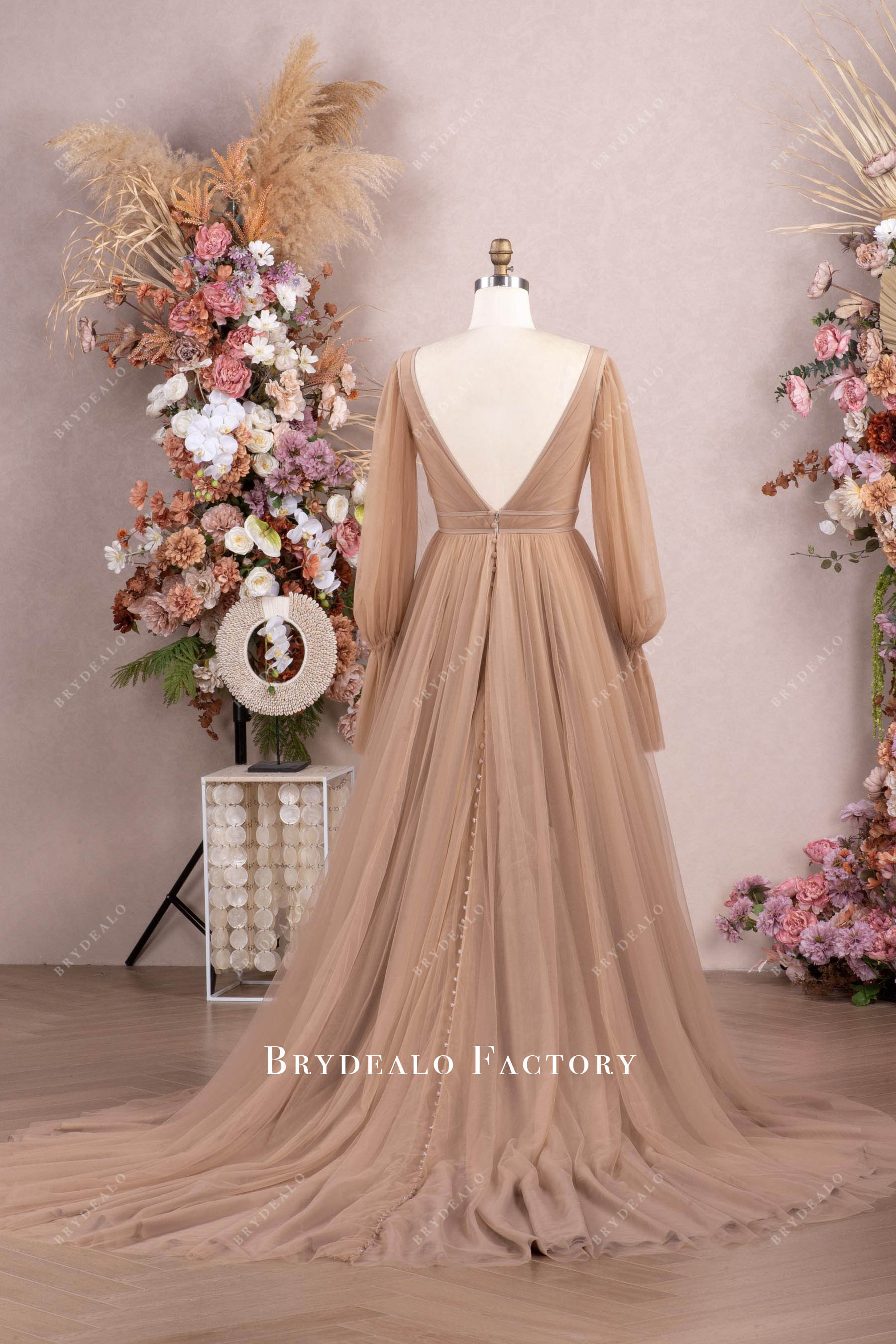 colored long sleeve tulle wedding gown