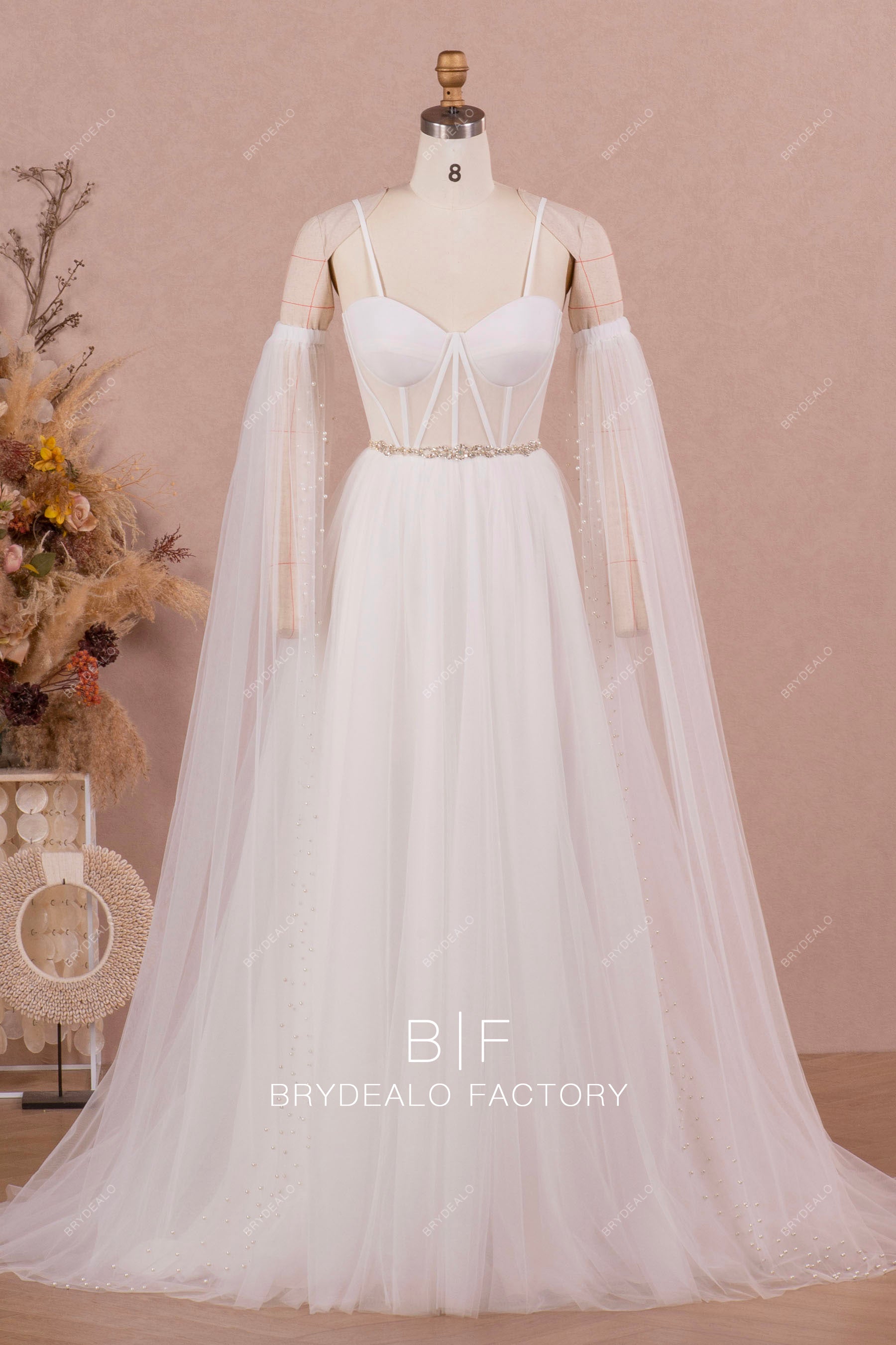 Corset A-line Tulle Wedding Dress with Detachable Long Pearl Sleeves Corset A-line Tulle Wedding Dress with Detachable Long Pearl Sleeves