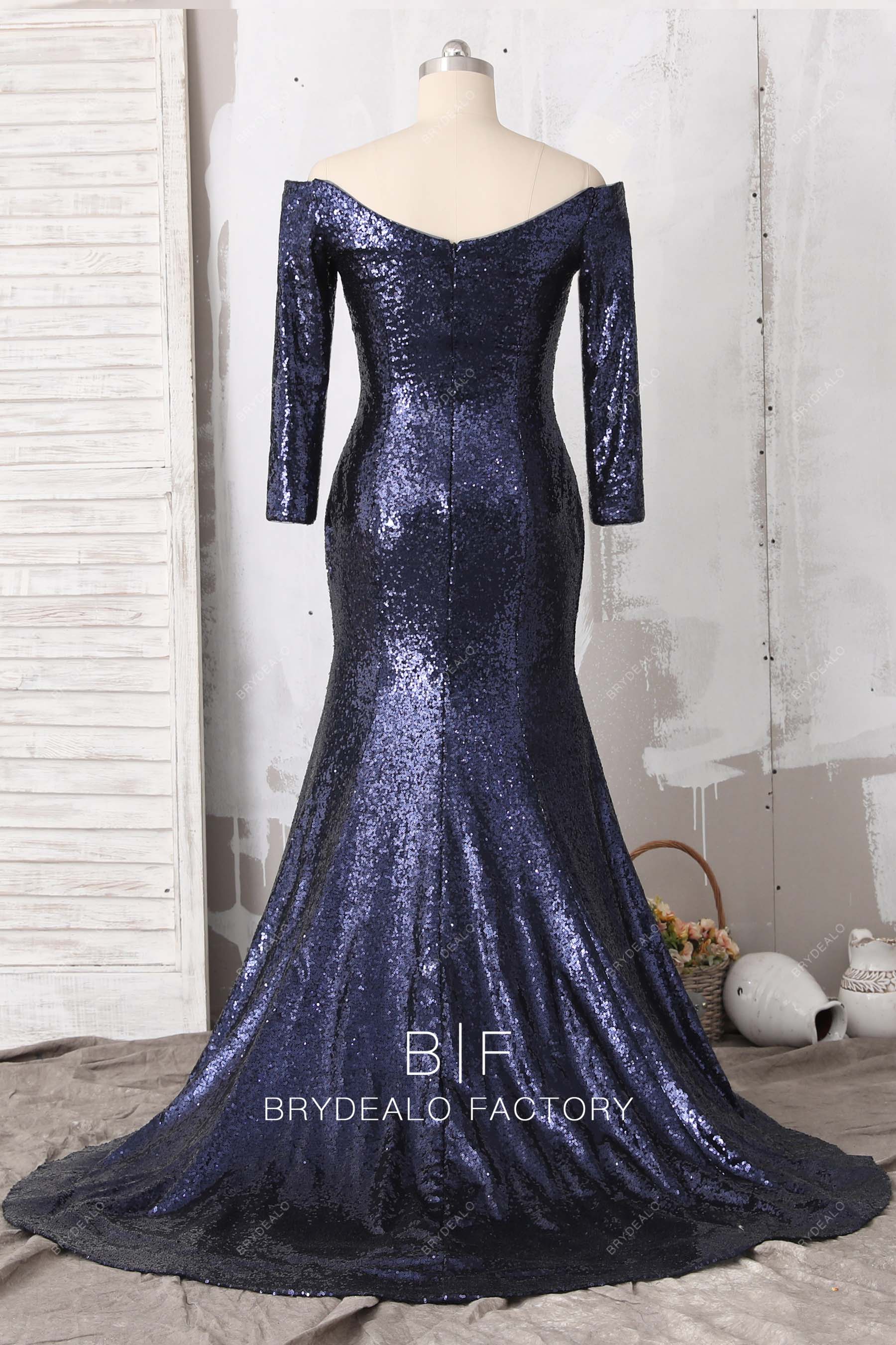 V-back court train navy blue mermaid prom dress