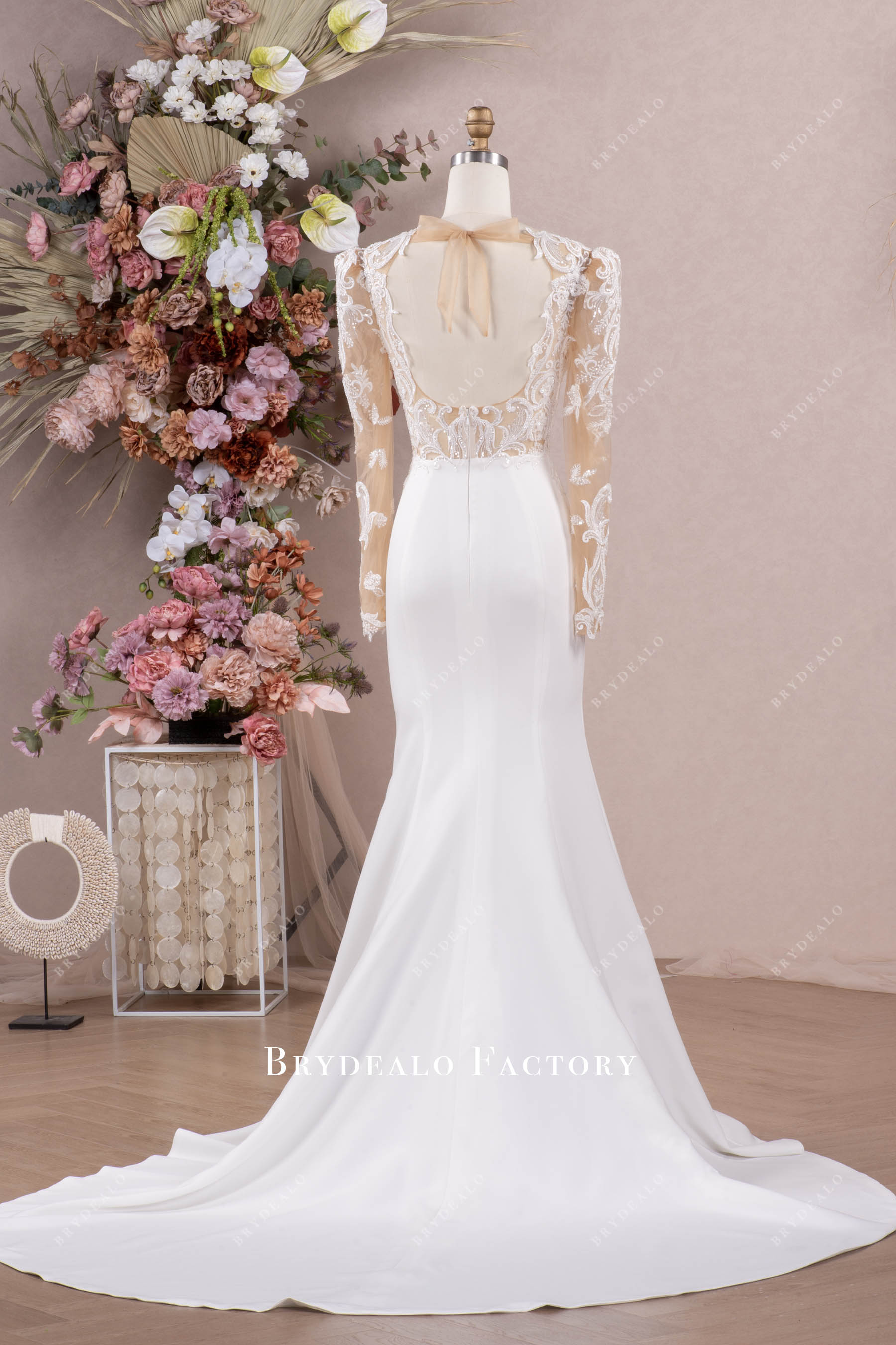 court train crepe lace wedding dress