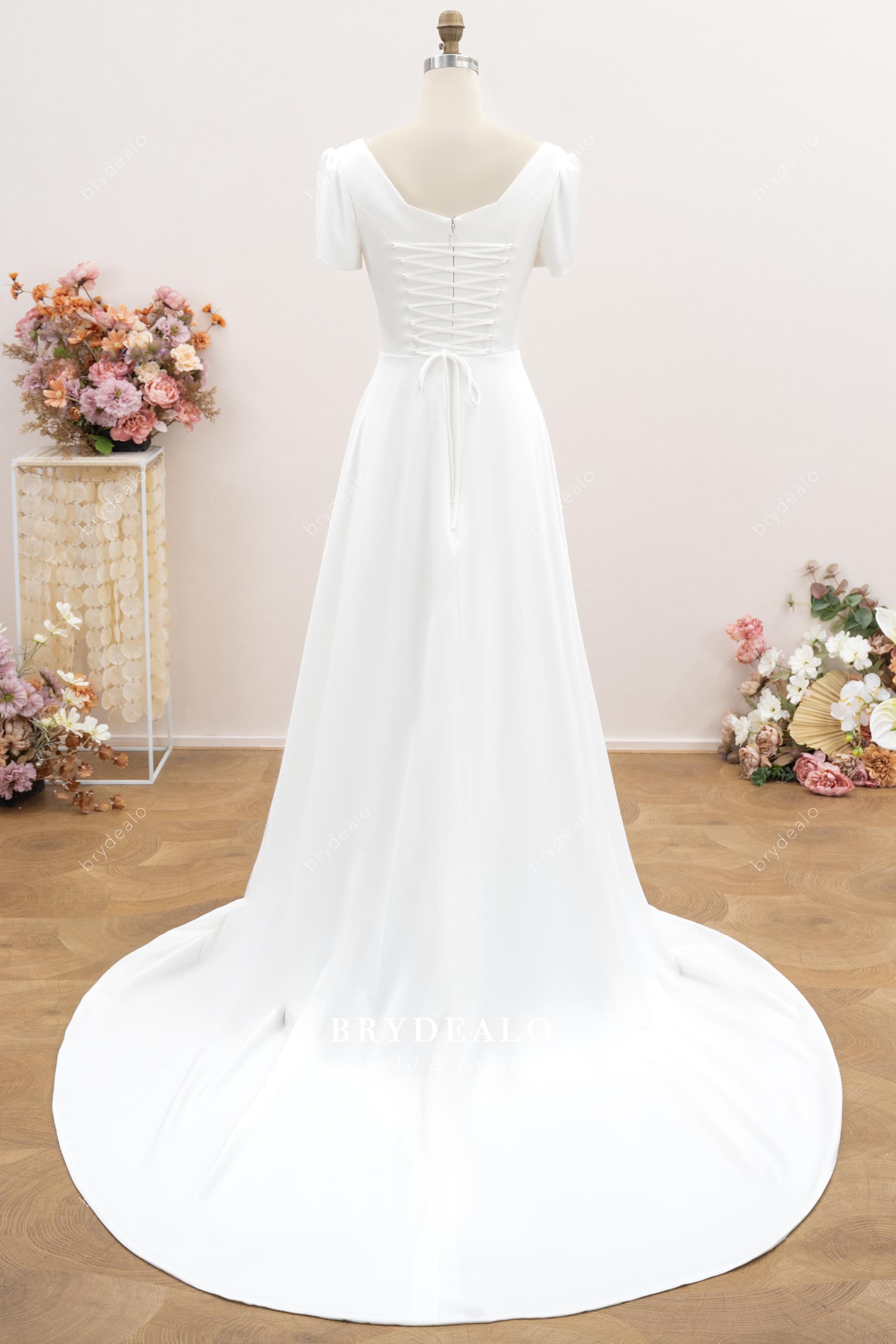 Simple Crepe Square Neck Short Sleeve Wedding Dress