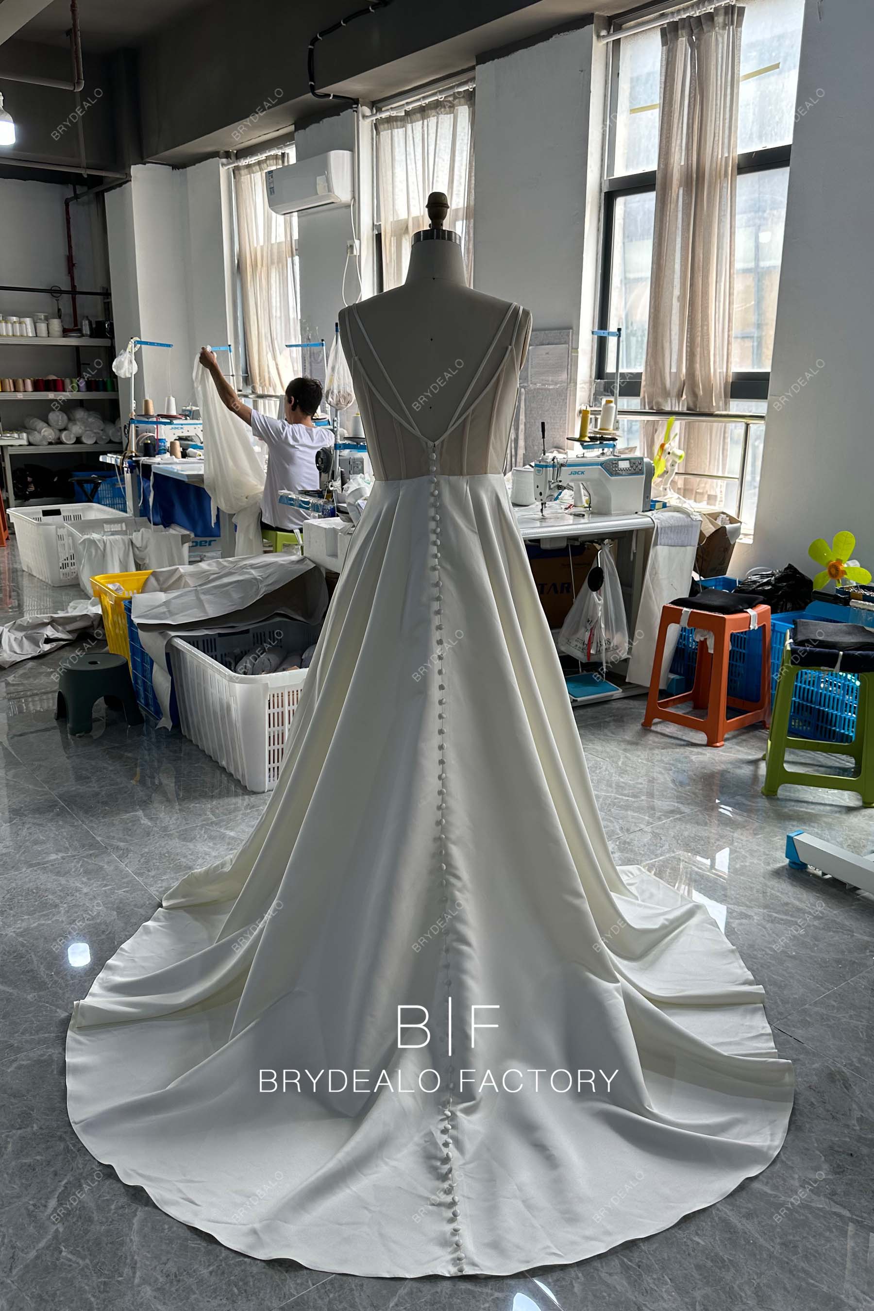court train ivory satin wedding gown