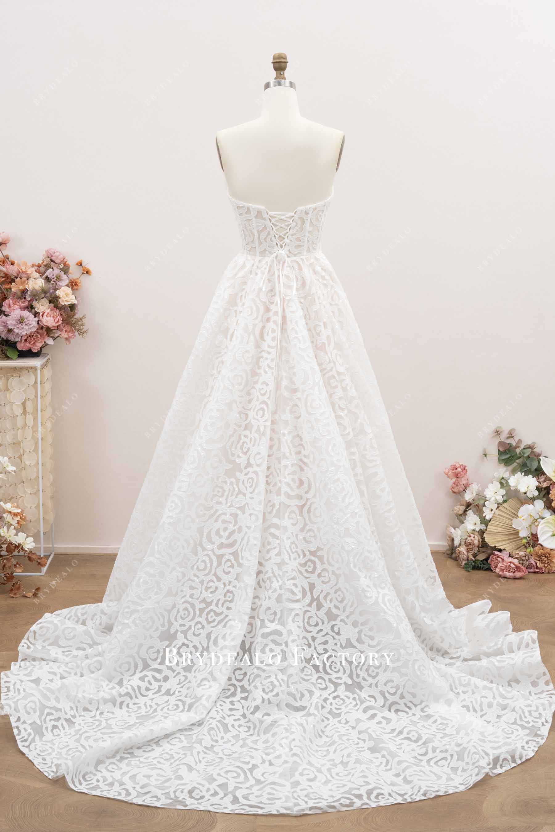 court train rose lace wedding dress