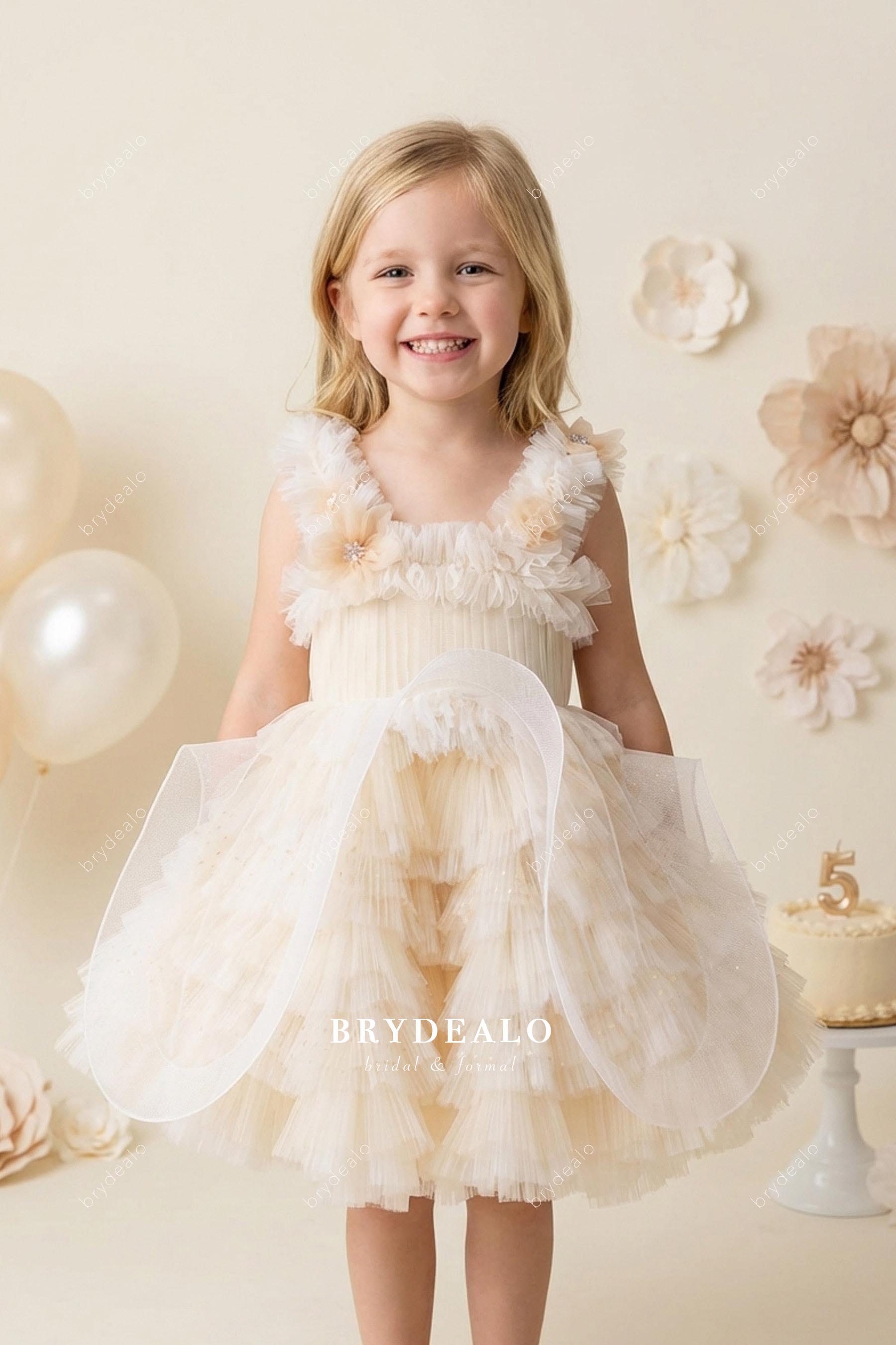 Haute Couture Flower Tiered Tulle Knee Length Kids Formal Wear Haute Couture Flower Tiered Tulle Knee Length Kids Formal Wear