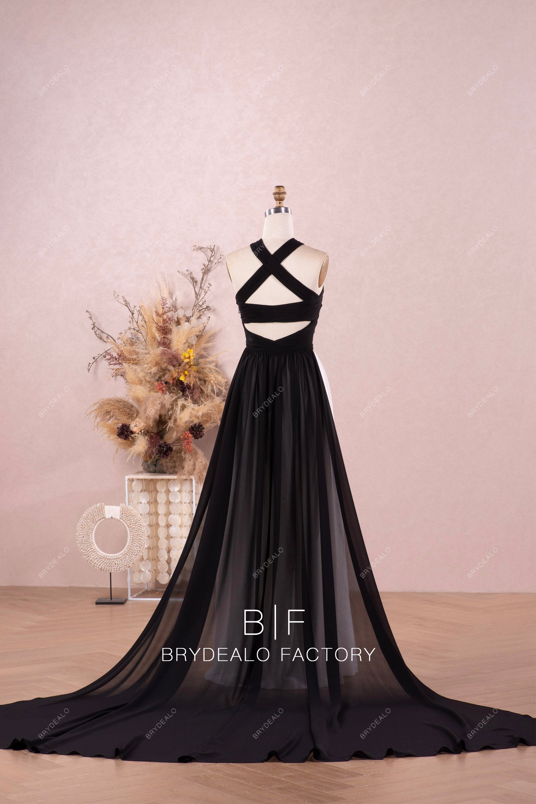 crisscross back wedding dress with flowing overskirt
