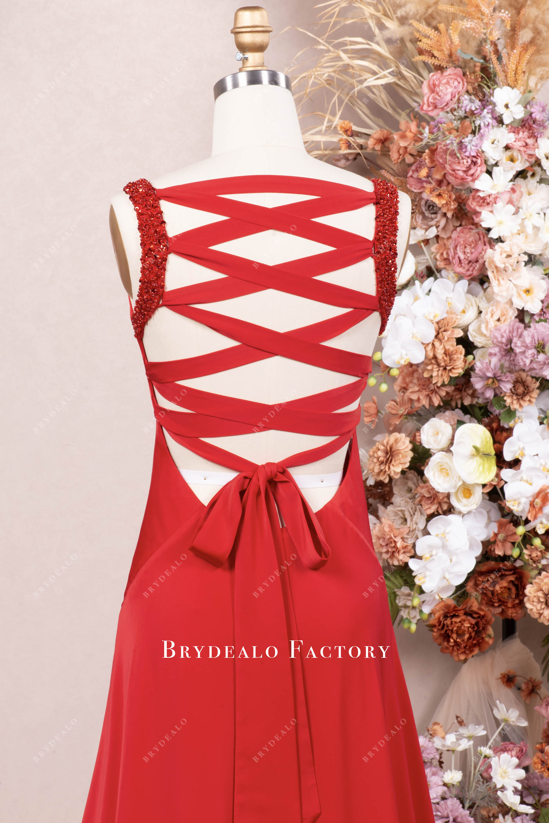 criss-cross back red prom dress