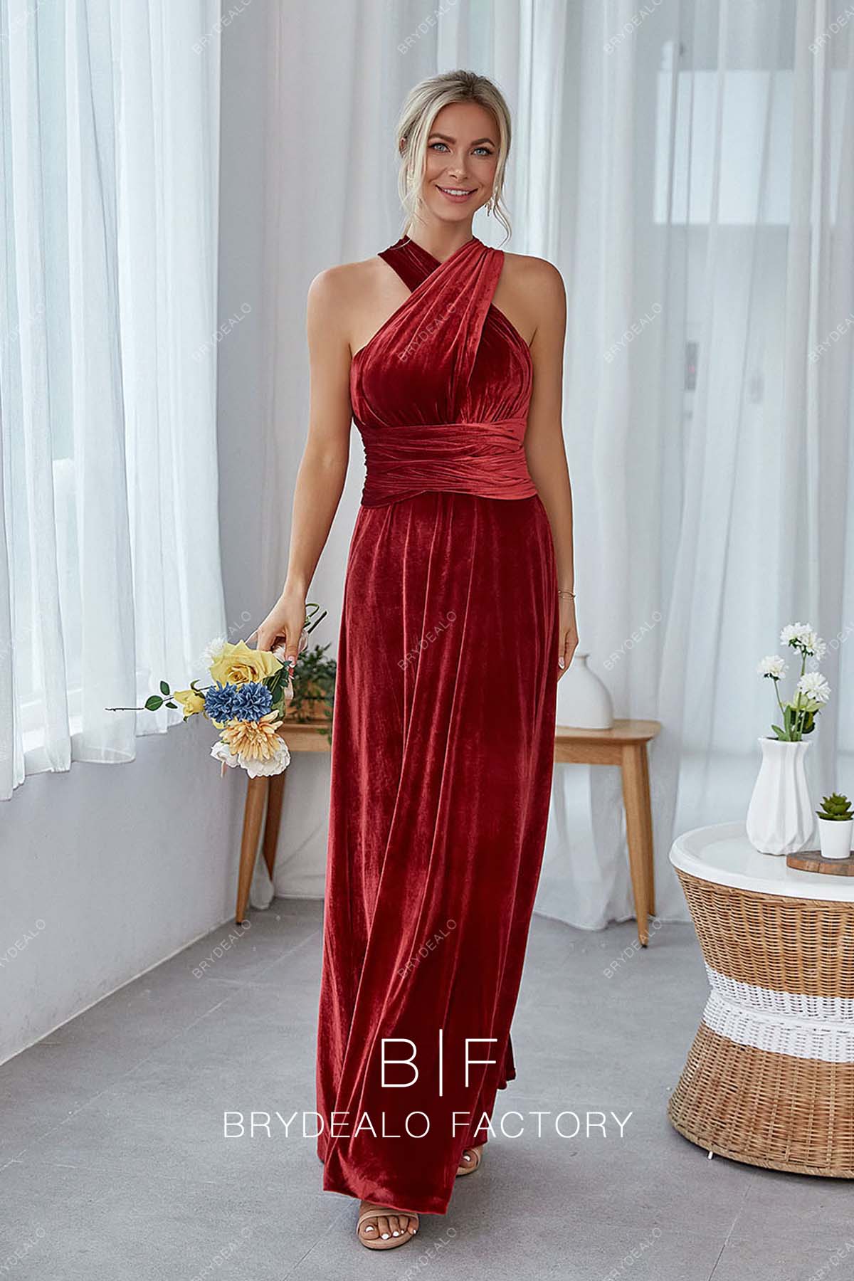 crisscross halter neck sleeveless long bridesmaid dress