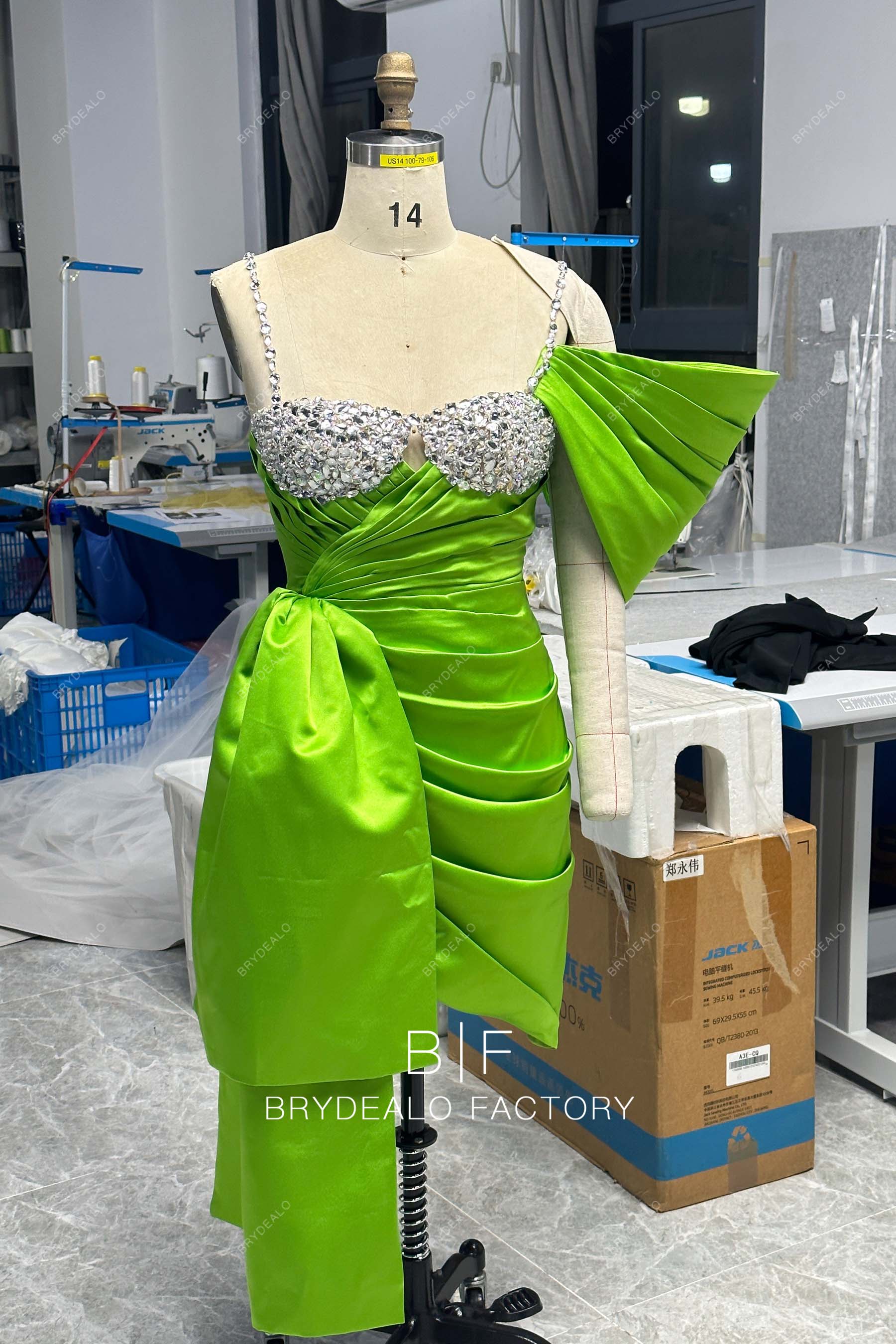 Lemon Green Spaghetti Straps Crystals Mini Length Prom Gown